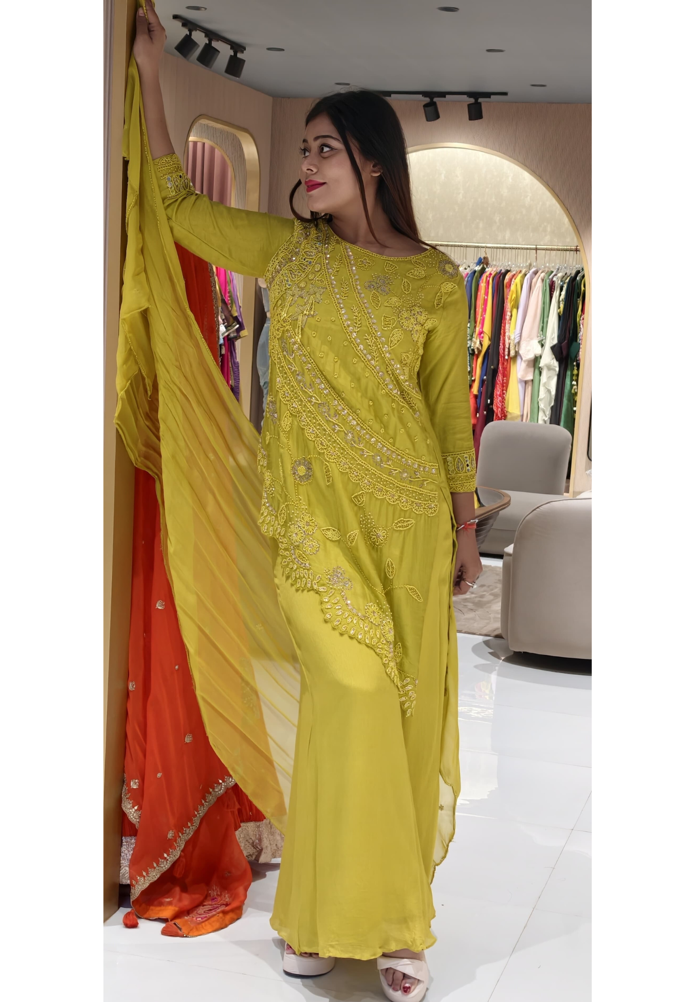 Fully Tiny Pearl Floral Work Unique Vibrant Full Suit Set With Palazzo Bottom In Tissue Fabric- 12709