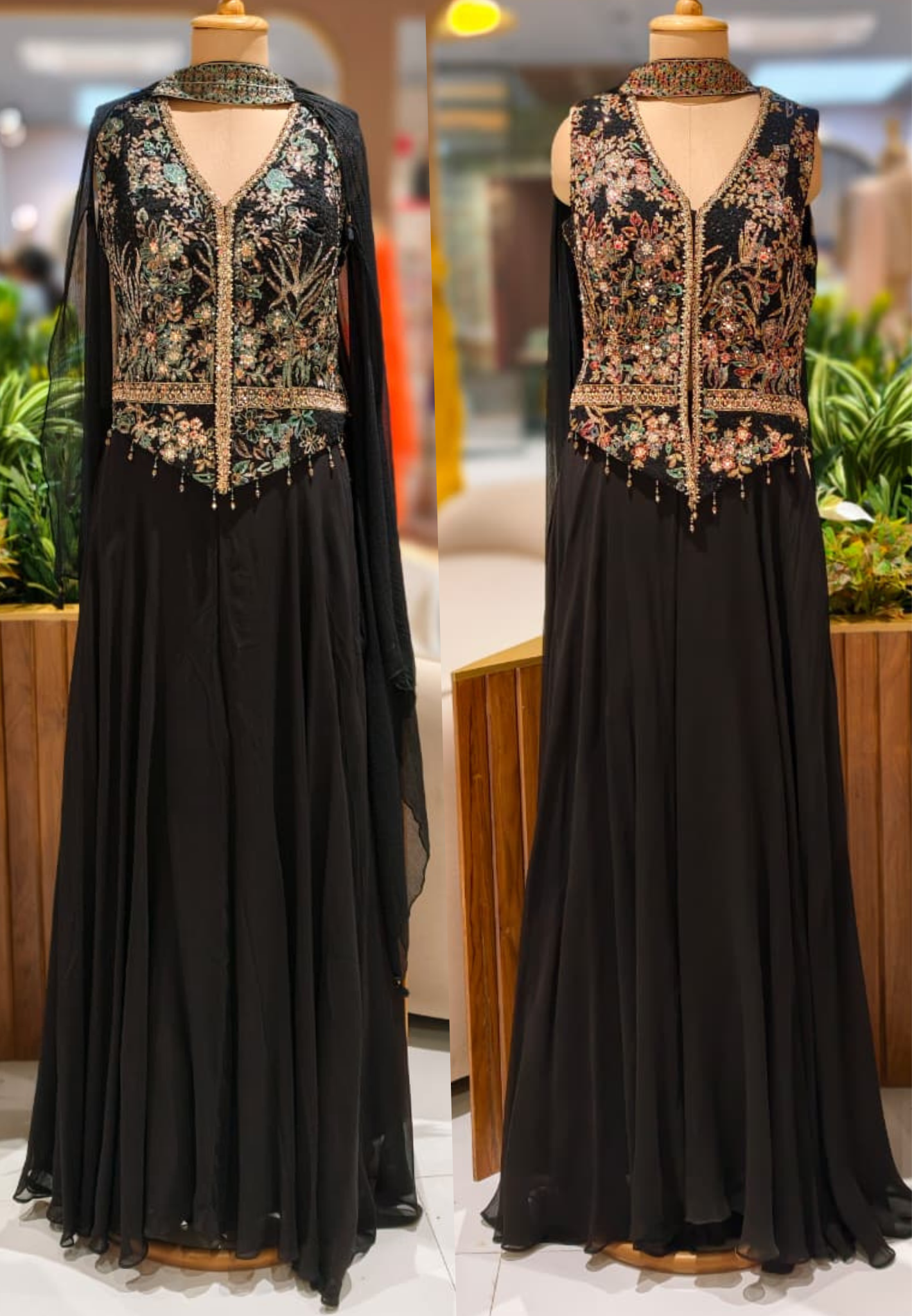 Sequin Embellished Multicolor Thread Embroidered Premium Blouse With Flared Palazzo Bottom & Chowker Dupatta- 12466