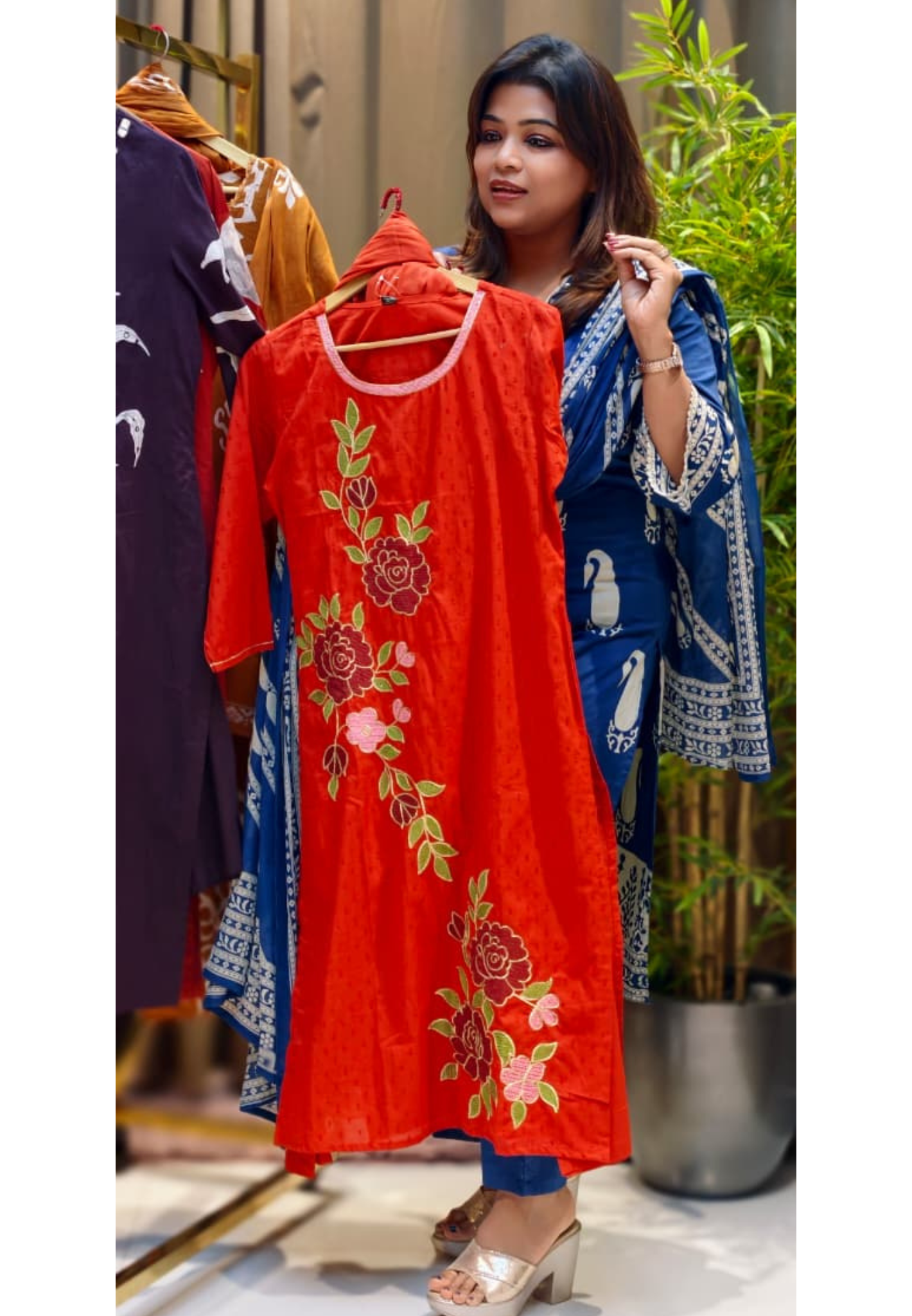 Floral With Leaf Thread Embroidery With Golden Outline Full Suit Set With Dupatta In Cotton Fabric- 12944