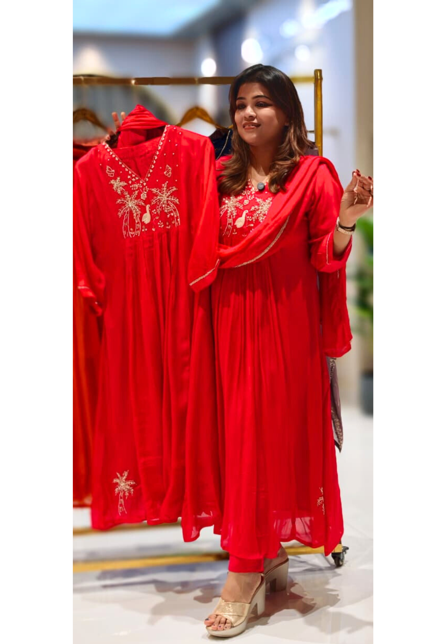 Figures With Trees Cut Dana & Pearl Work Chinon A-Line Full Suit Set With Dupatta- 13045