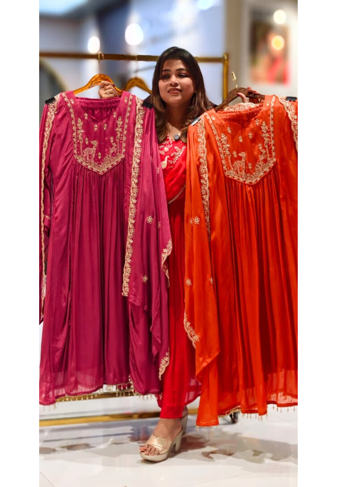 Figures Embroidery Beautiful Front Yoke Chinon A-Line Full Suit Set With Dupatta