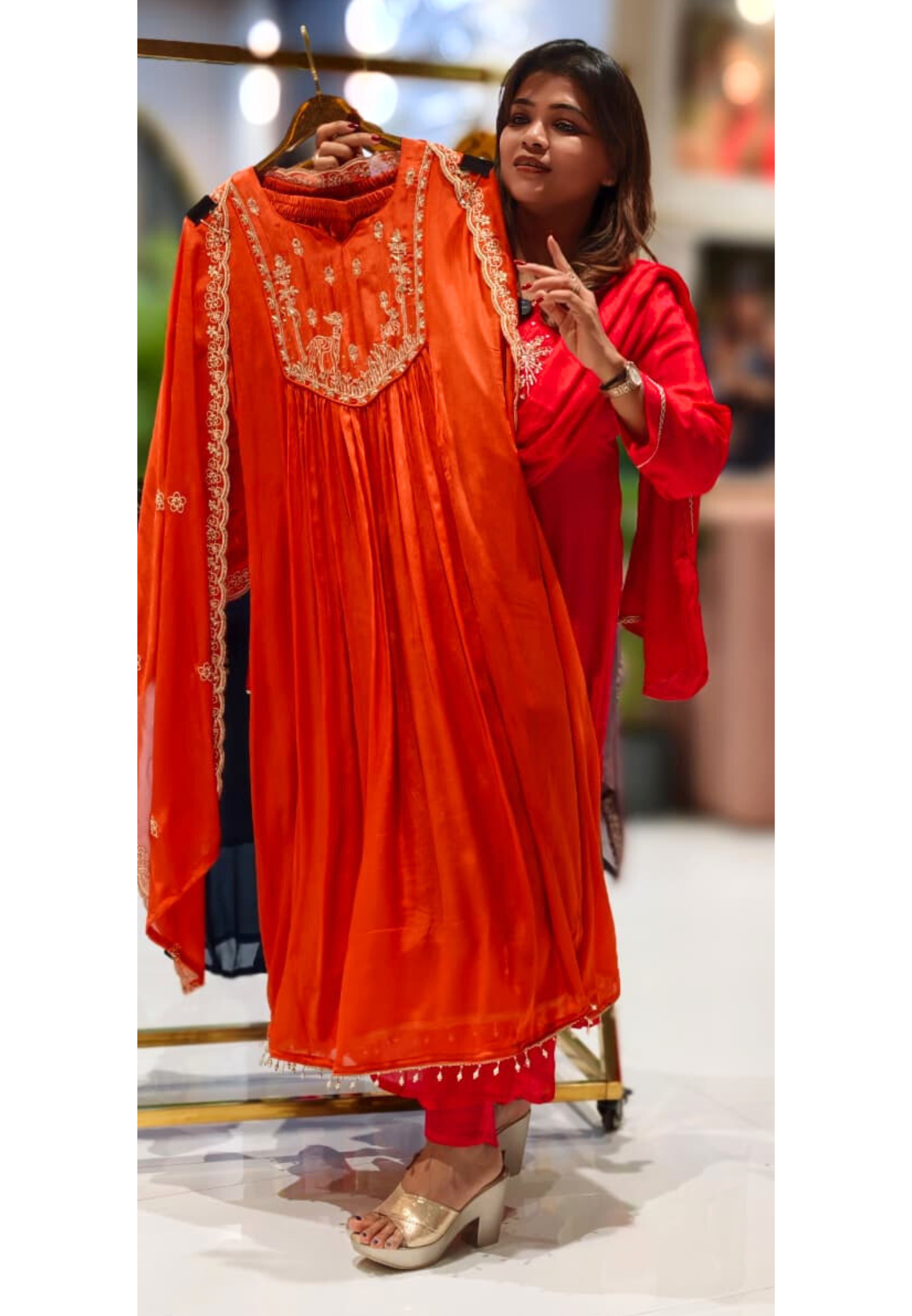 Figures Embroidery Beautiful Front Yoke Chinon A-Line Full Suit Set With Dupatta