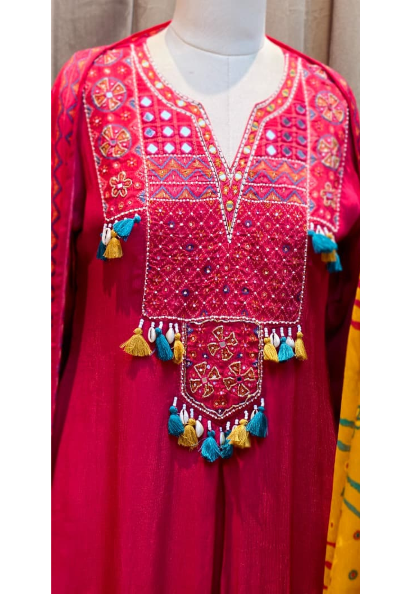 Boho Yoke Tasseled Rajasthani Look Chinon A-Line Full Suit Set With Dupatta- 13082