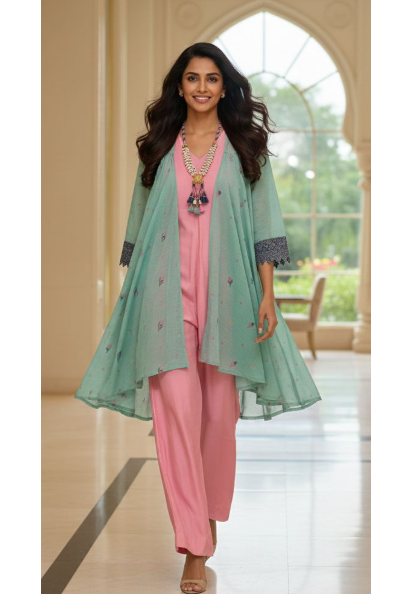 Minimally Printed Crosia Border Plated Shrug With Plain Kurta & Bottom With Separate Neck Piece- 12922