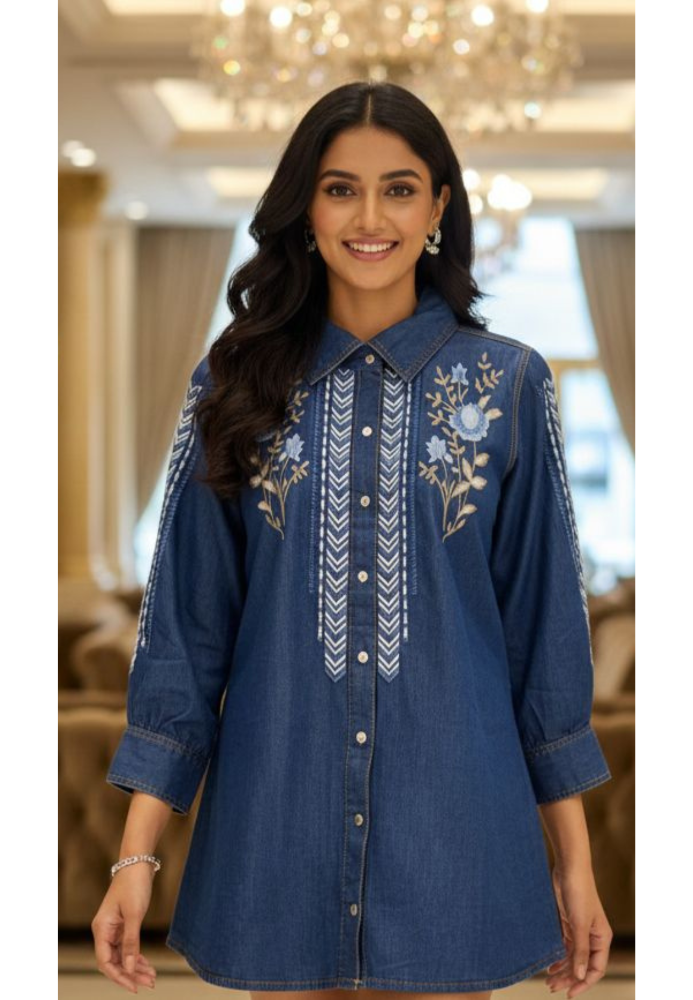 Denim Look Pure Thread Embroidery Casual Wear Short Kurti- 13112