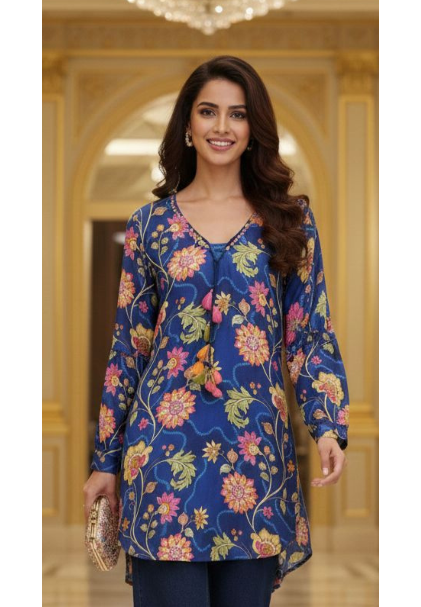 Colorful Floral Printed Thread Tasseled Short Kurti Only- 13115