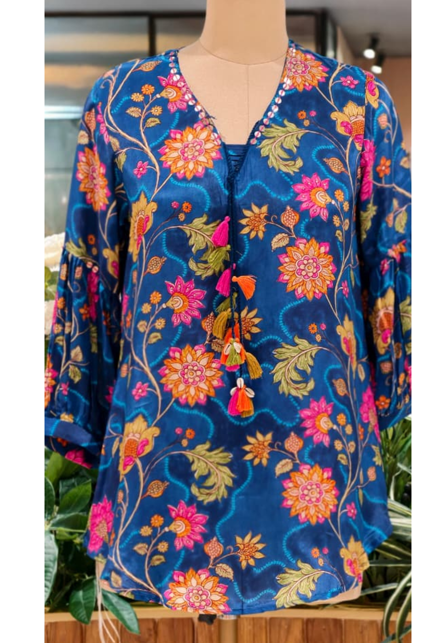 Colorful Floral Printed Thread Tasseled Short Kurti Only- 13115