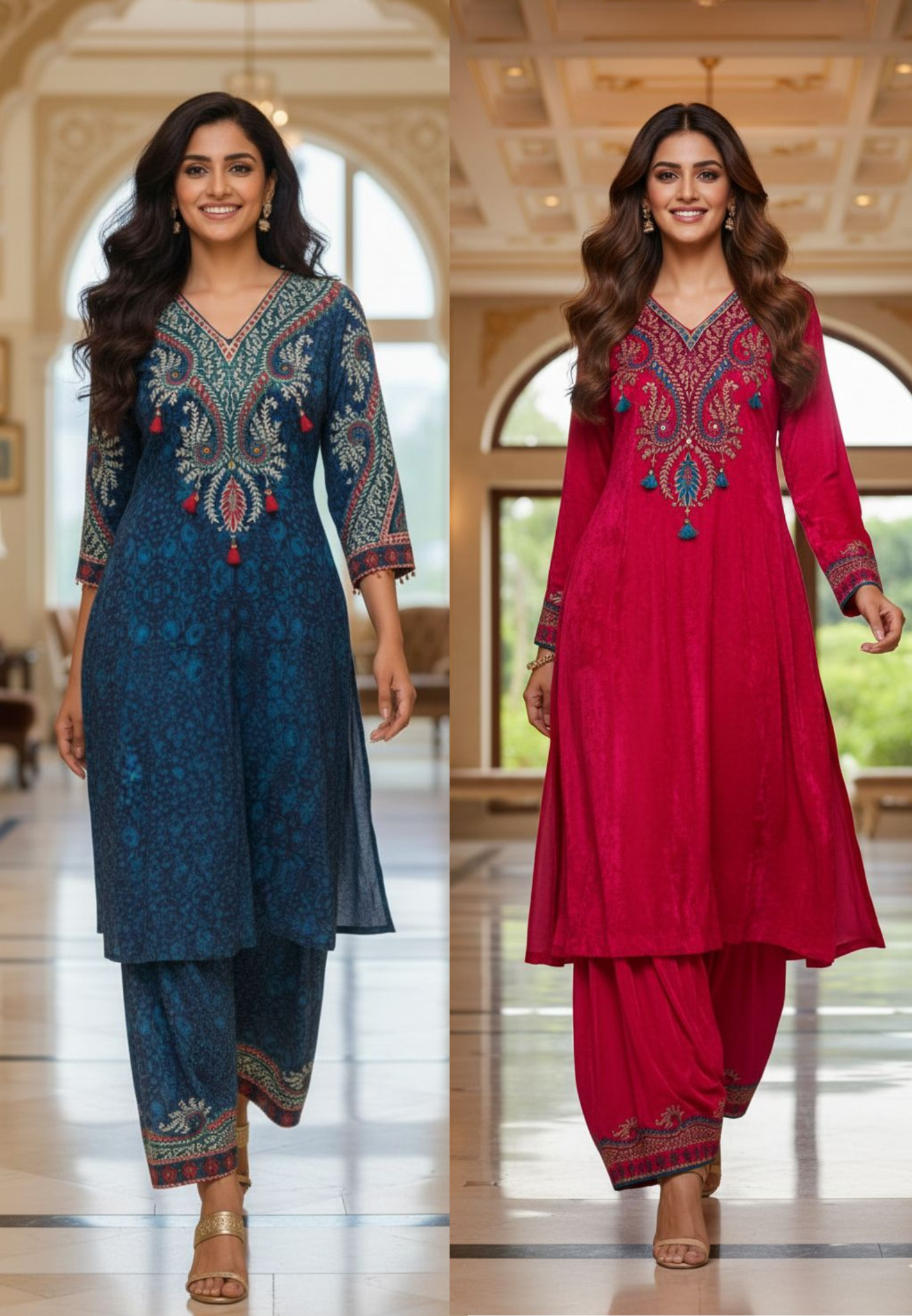 Beautiful Print Vibrant Kurta With Farsi Bottom Set In Crepe Fabric- 13107