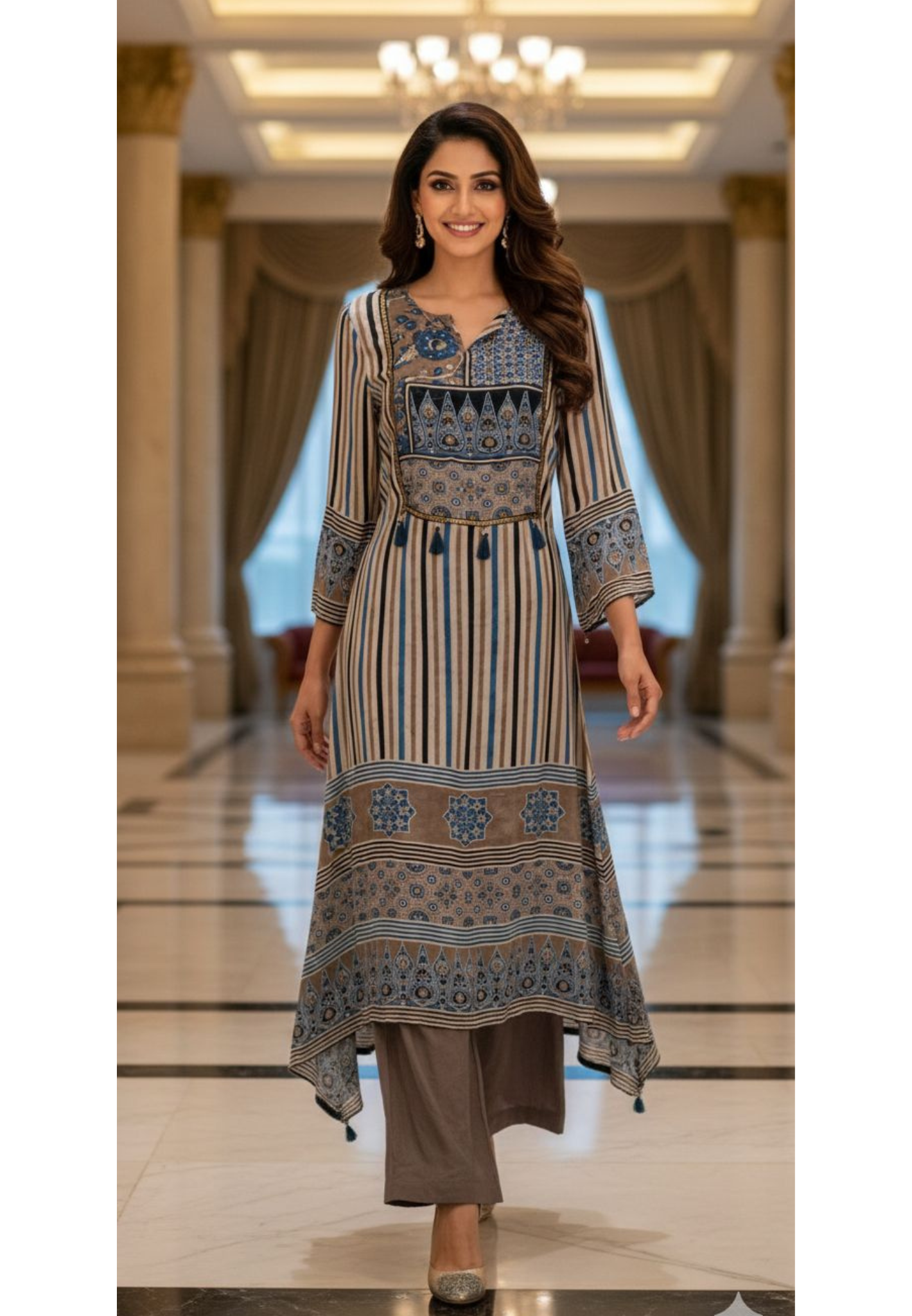 Ajrak Yoke Striped Printed Tasselled A-Line High & Low Kurta Pant Set In Crepe Fabric- 13129
