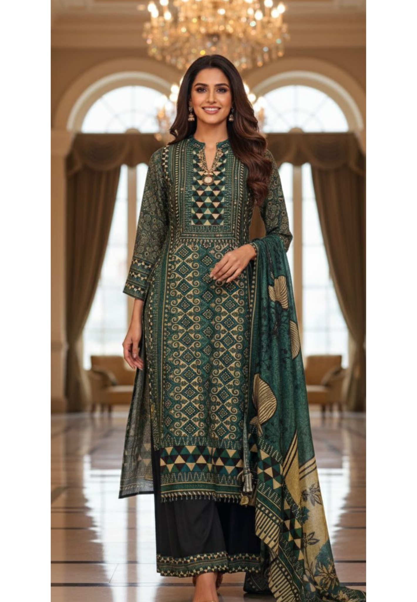 Asymmetric Print Neck Piece Look A-Line Box Cut Full Suit Set With Dupatta In Muslin Fabric- 13137