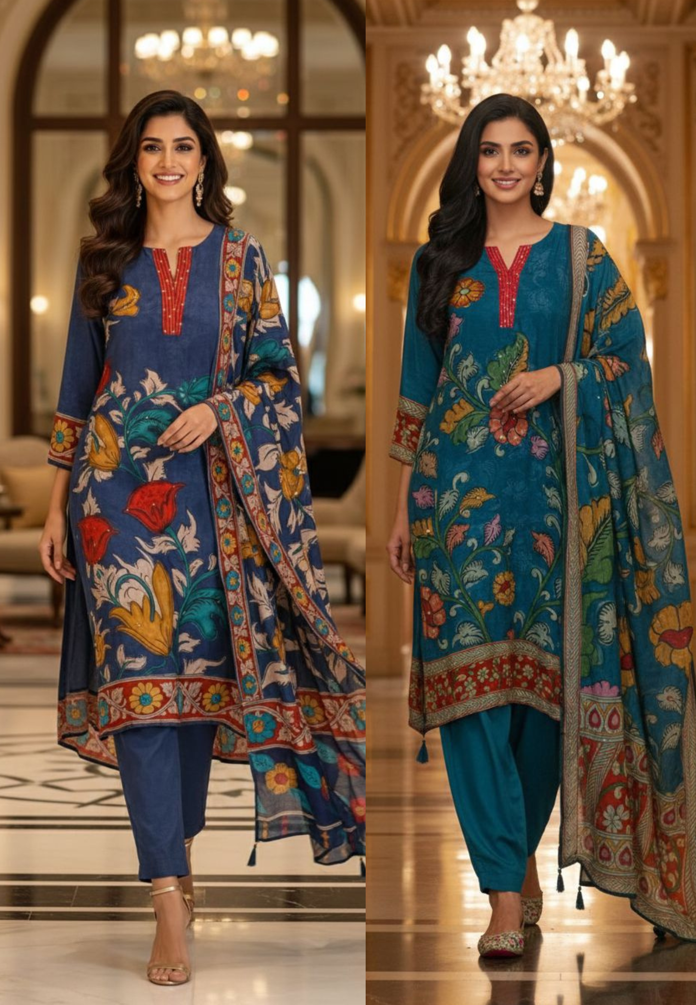 V-Neck Line With Foil Upwork Printed A-Line Full Suit Set With Dupatta In Muslin Fabric- 13116