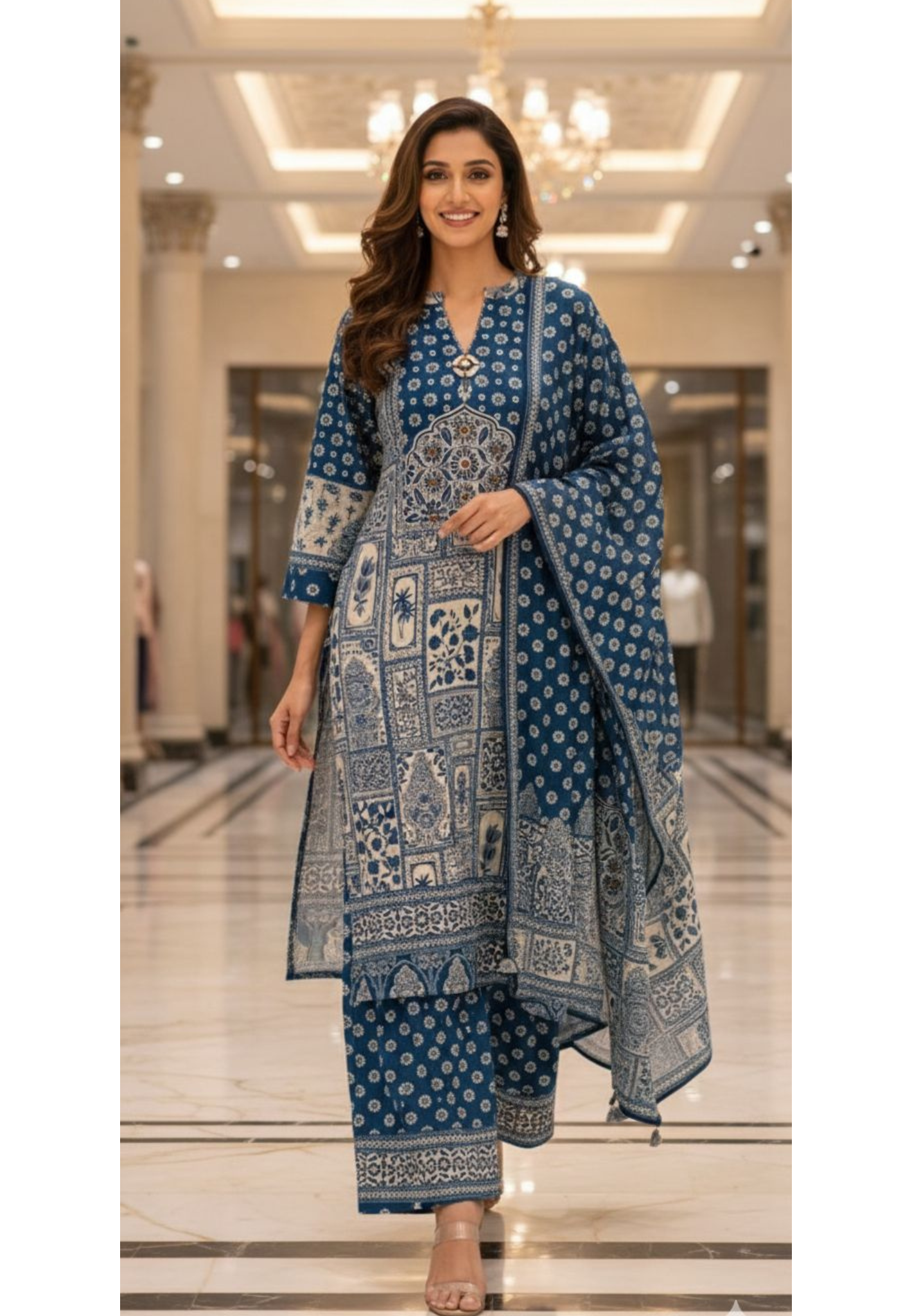 Blue Aura Printed Neck Piece Look Full Suit Set With Dupatta In Muslin Fabric- 13138