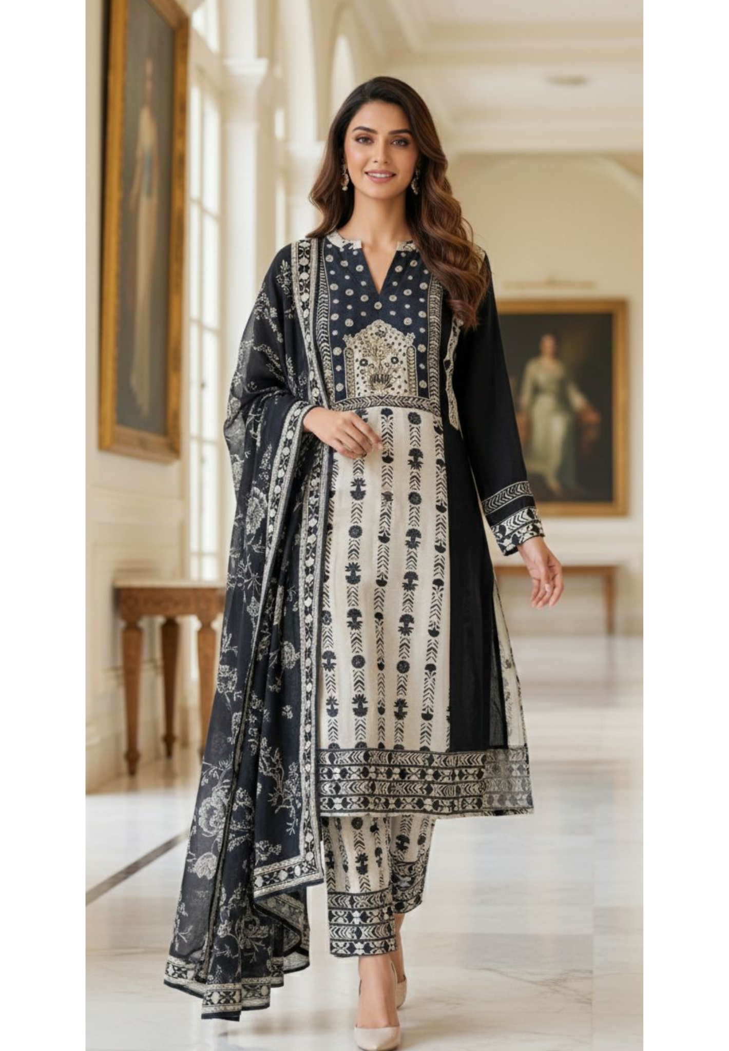 Ethnic Festive Printed A-Line Kurta With Matching Bottom & Dupatta Set In Russian Silk Fabric With Georgette Side Panel - 13177