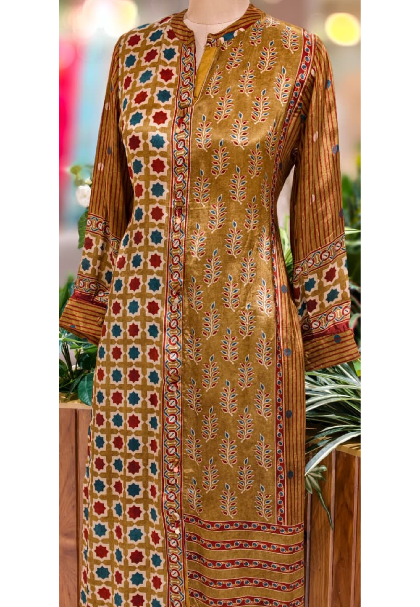 Multi Printed Mandarin Collar Long Straight Kurta With Matching Bottom In Crepe Fabric- 13124