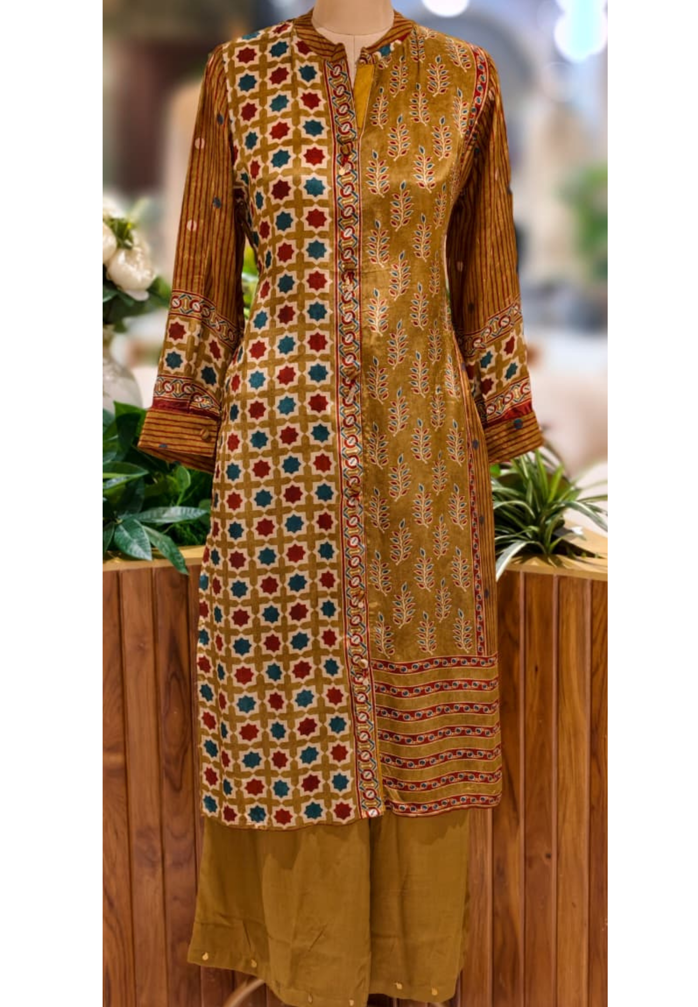 Multi Printed Mandarin Collar Long Straight Kurta With Matching Bottom In Crepe Fabric- 13124