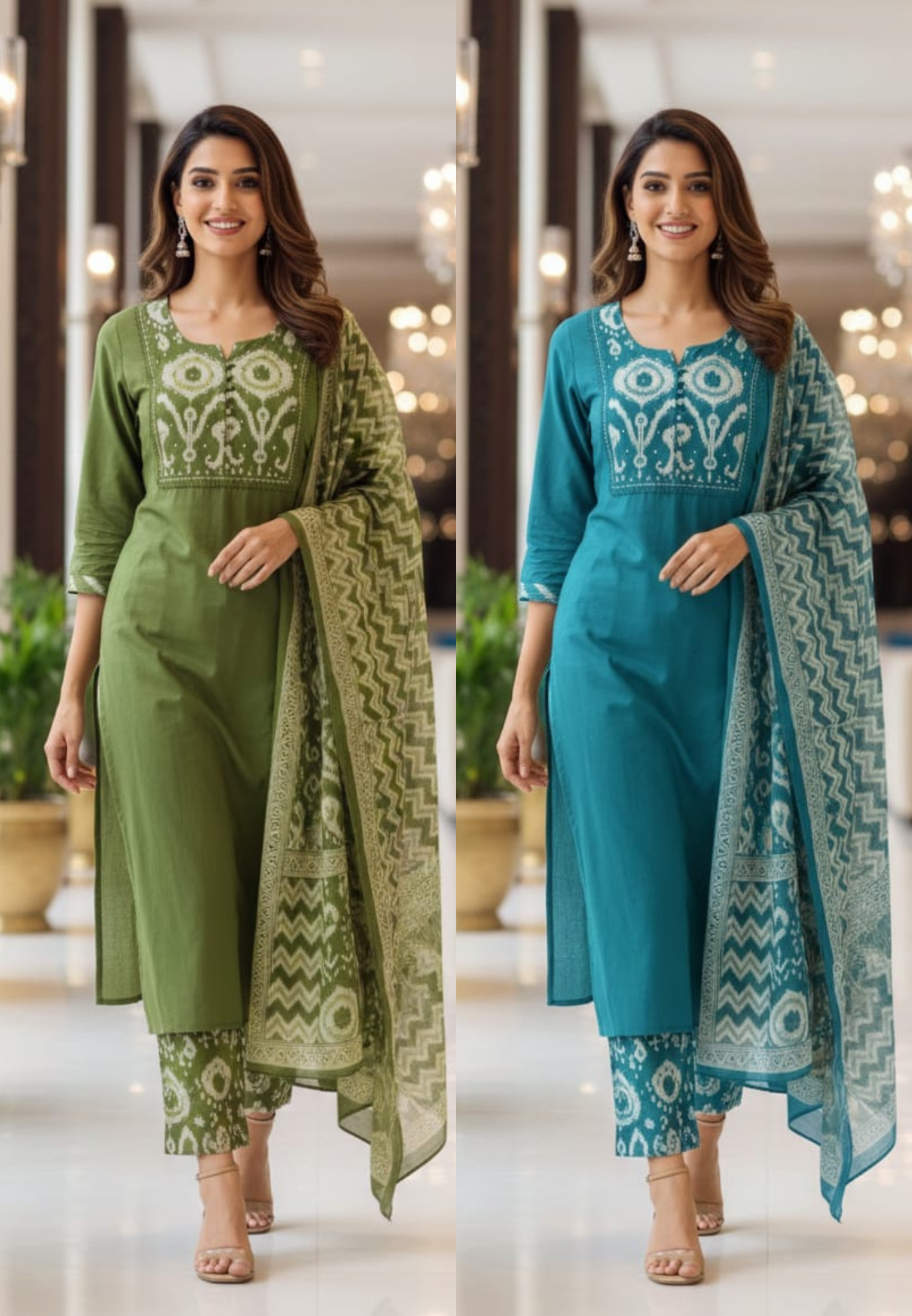 Ikkat Printed Yoke Solid A-Line Full Suit Set With Dupatta In Cotton Fabric- 13185