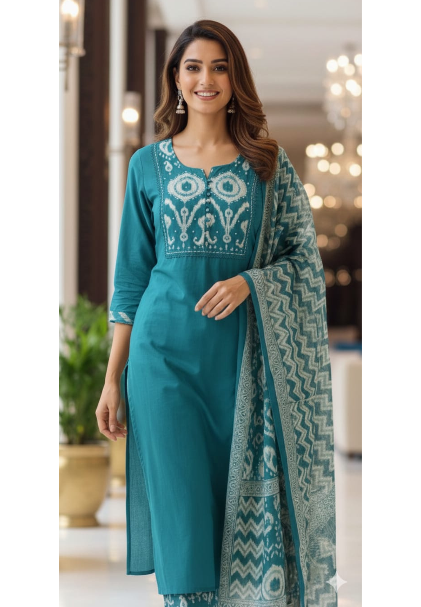 Ikkat Printed Yoke Solid A-Line Full Suit Set With Dupatta In Cotton Fabric- 13185