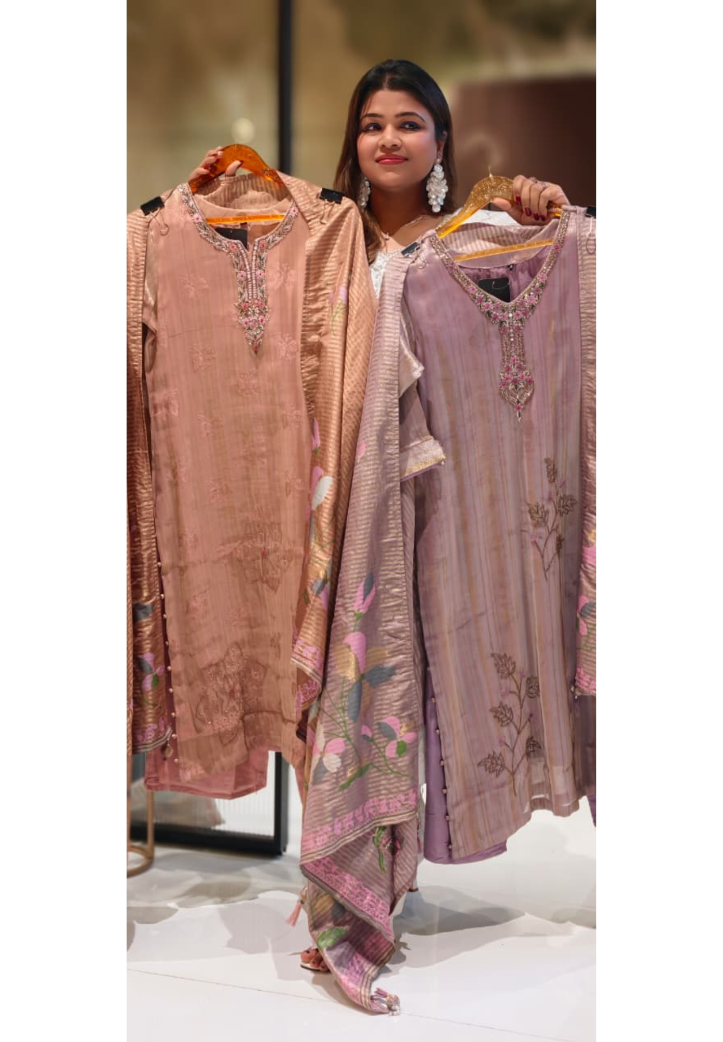 Pastel Tissue Floral Blend Beautiful Neck Line Full Suit Set With Floral Dupatta-13190