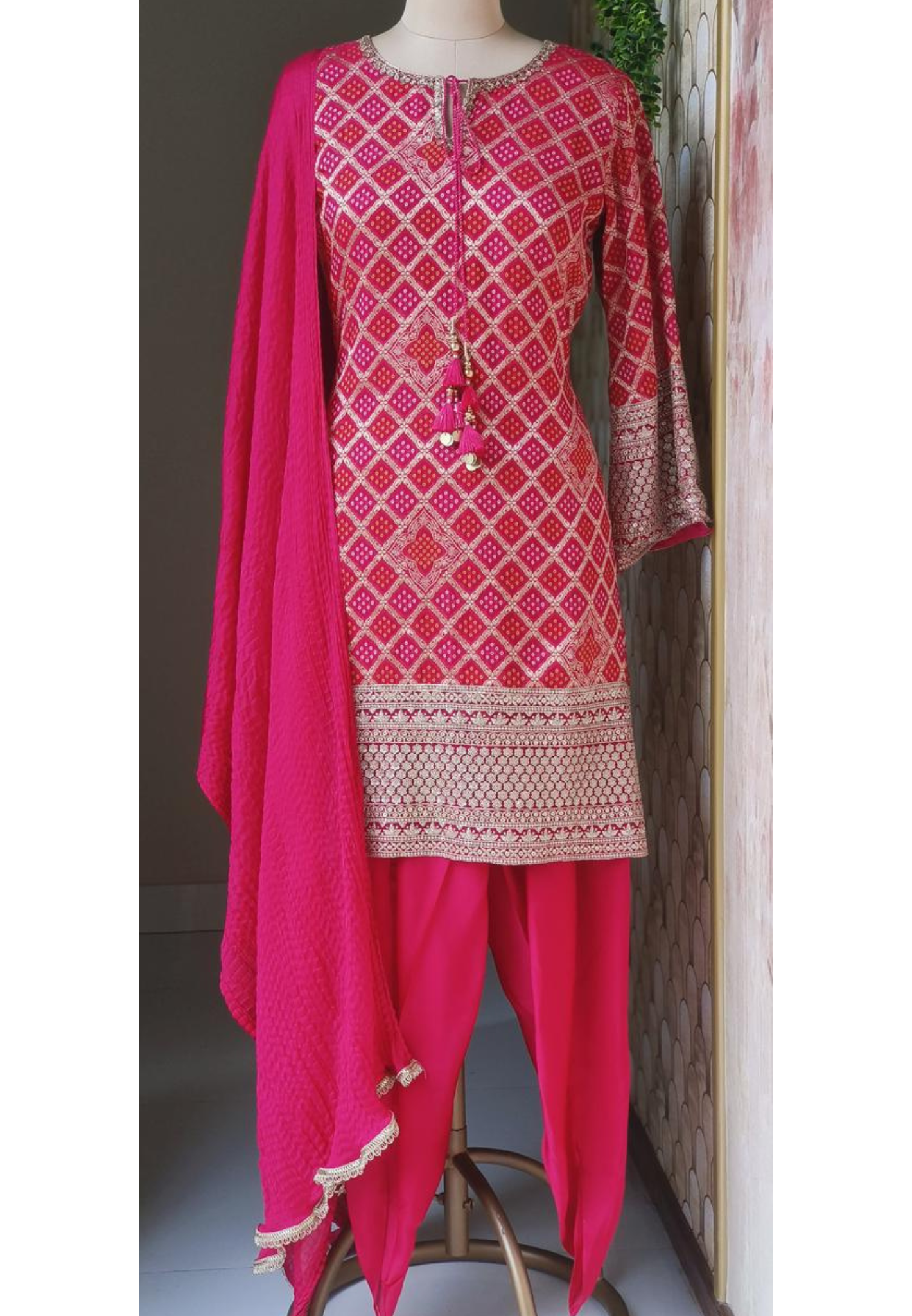 Jaipuri Charm Bandhani-Inspired Diamond Print Royal Rani Full Suit Set With Tulip Bottom & Dupatta- 12837