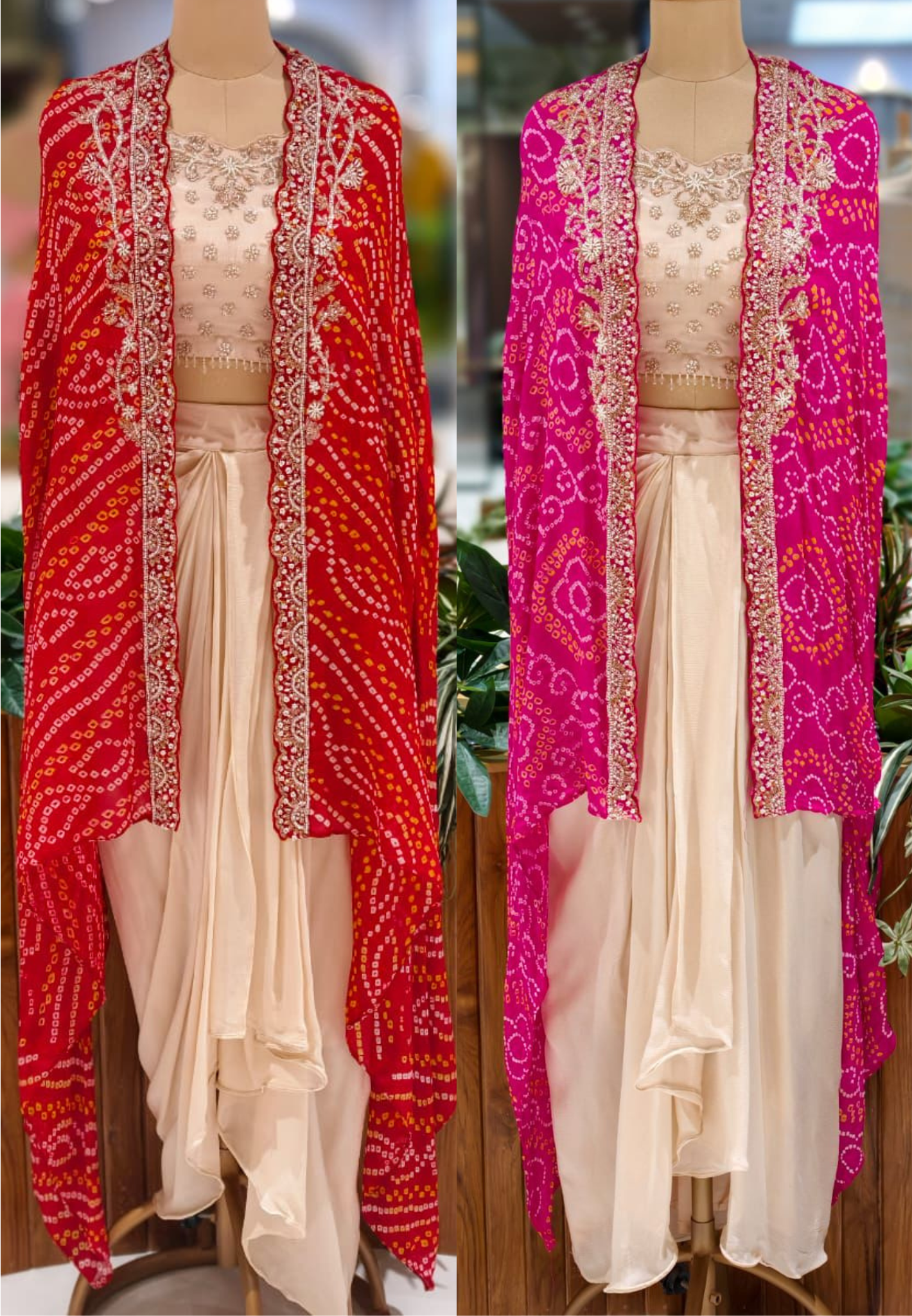 Rich Handwork Tasseled Crop-Top With Drape Skirt & Bandhani Print Vibrant Shrug- 12791