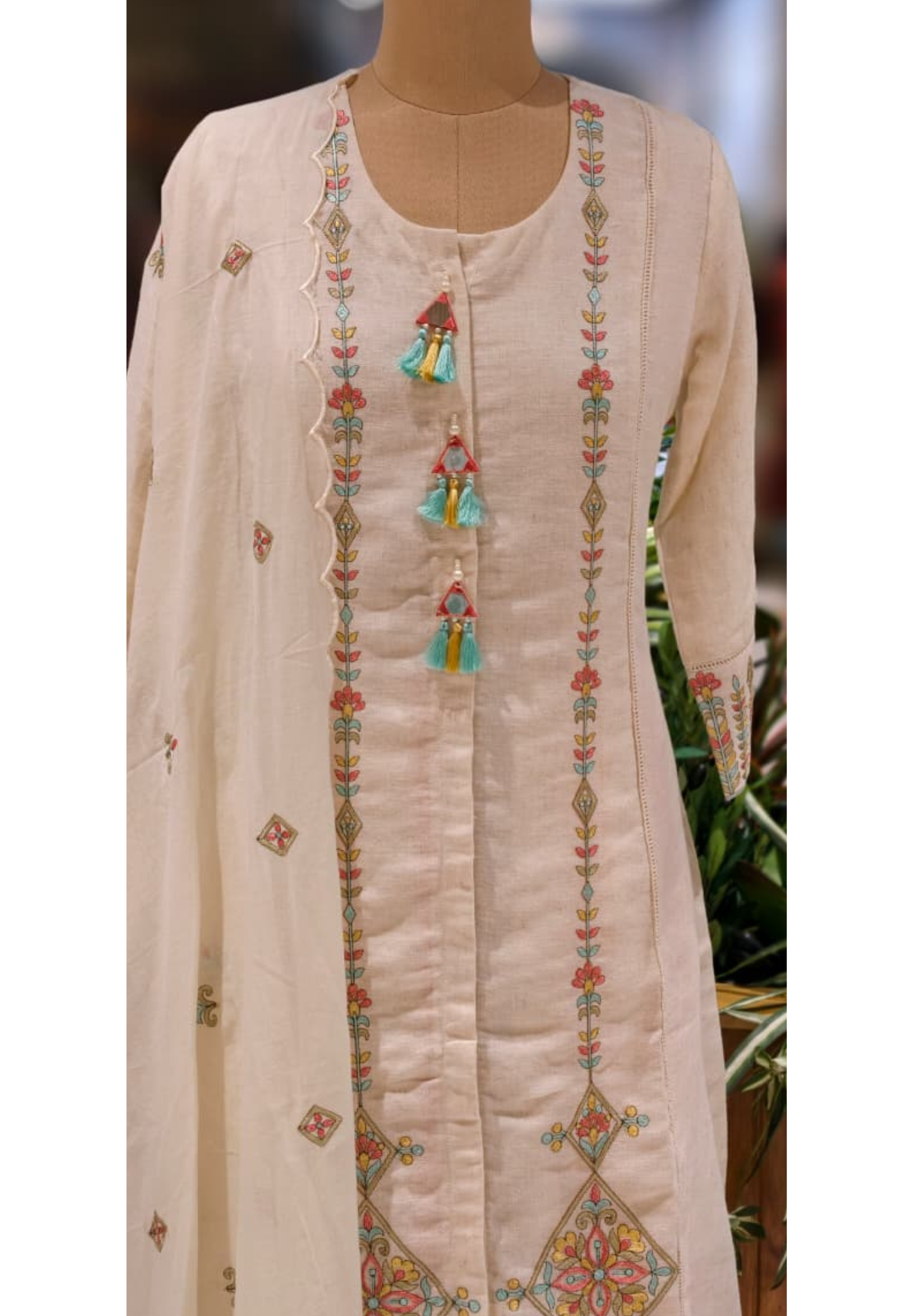 Pastel Contrasted Stripe Real Mirror Tasseled A-Line Full Suit Set With Dupatta In Linen Fabric-13234