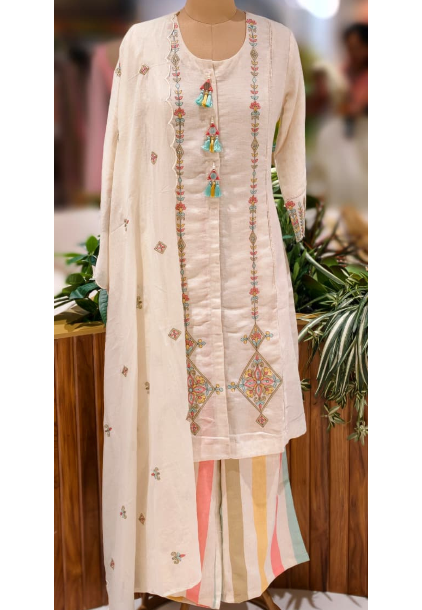 Pastel Contrasted Stripe Real Mirror Tasseled A-Line Full Suit Set With Dupatta In Linen Fabric-13234