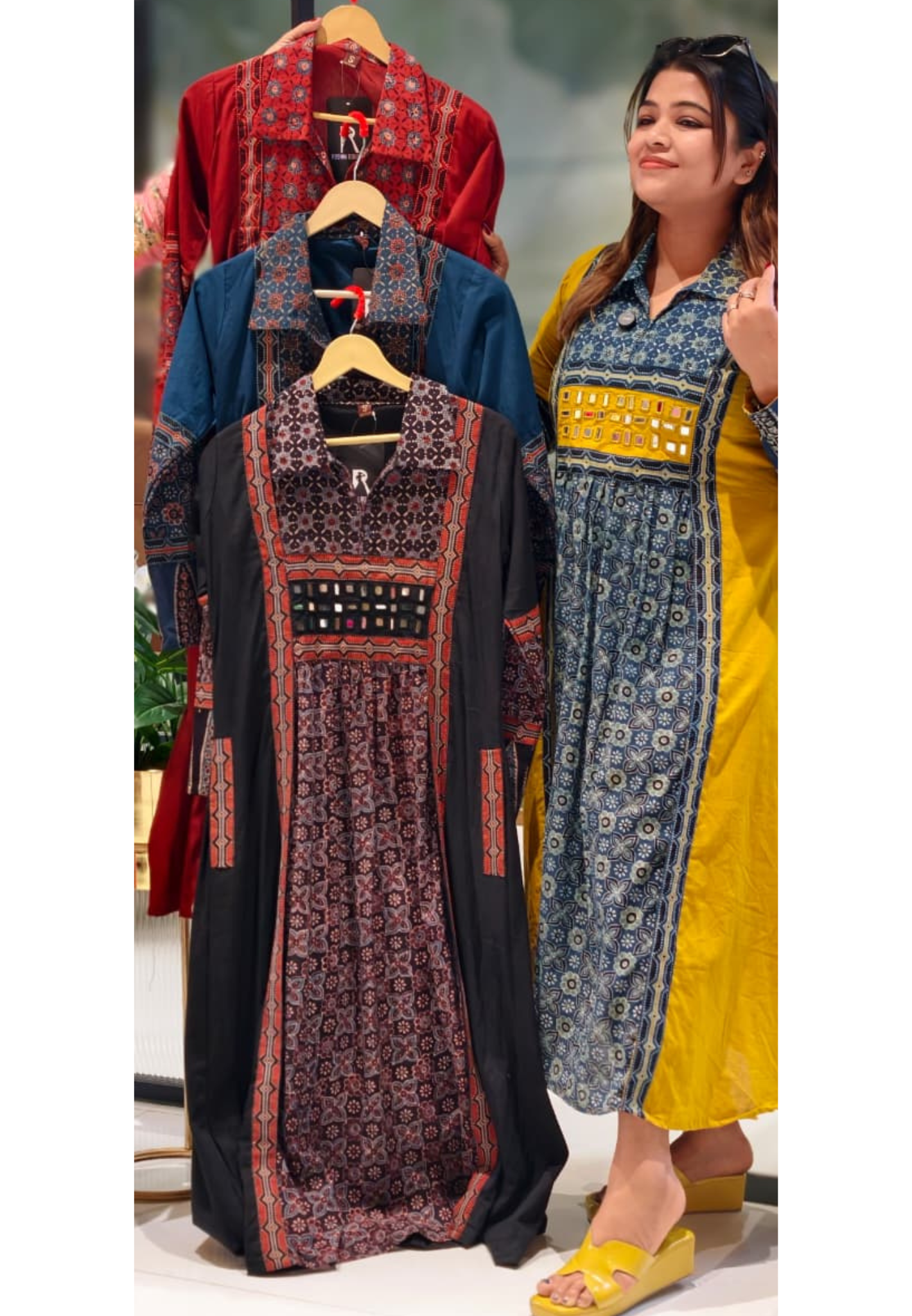 Ajrak Print Real Mirror Yoke Ankle Length Frock In Cotton Fabric-13284(Dispatching after 15 days)