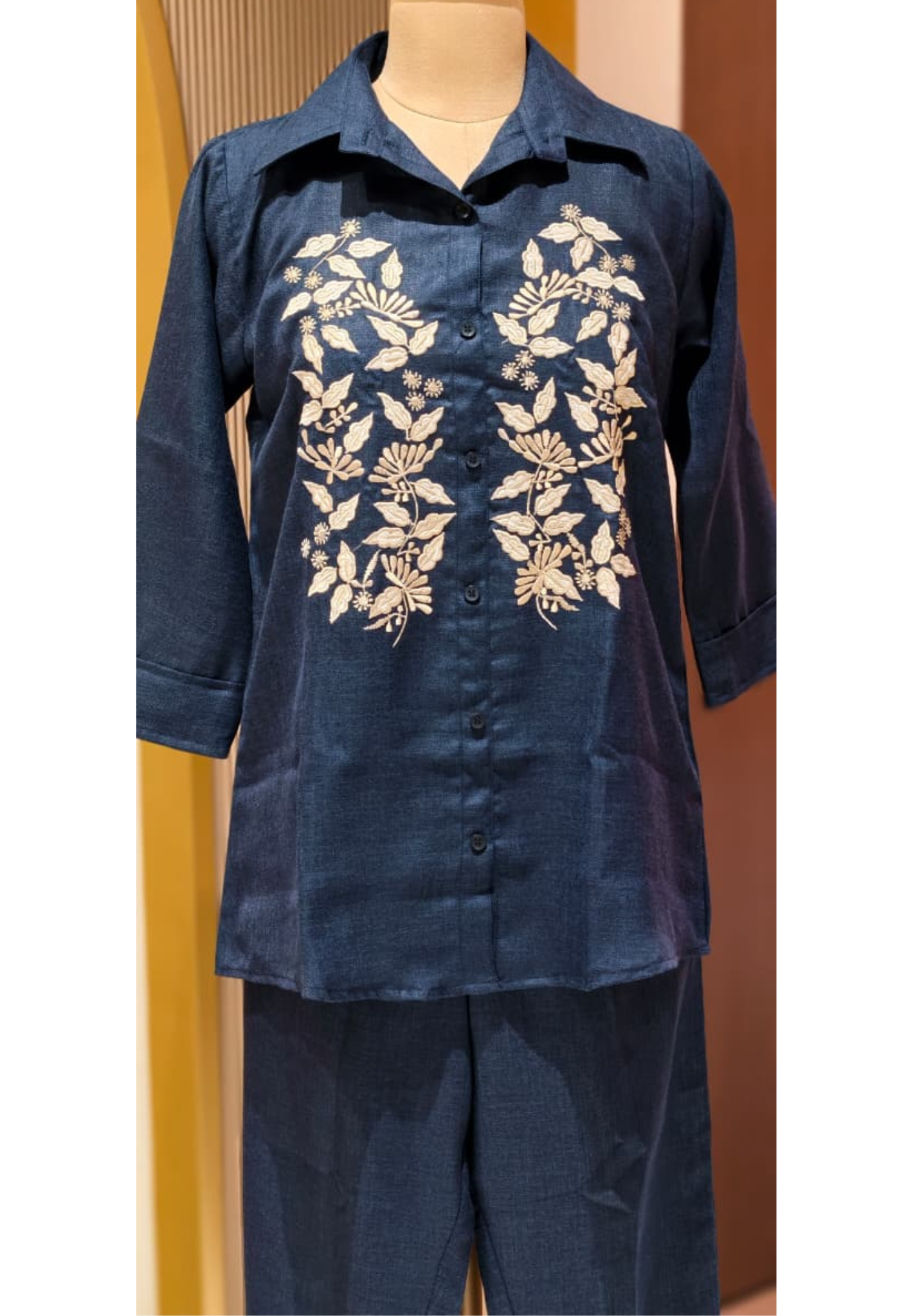 Denim Look Heirloom Floral Embroidered Co-Ord Set In Flex Cotton Fabric-13277