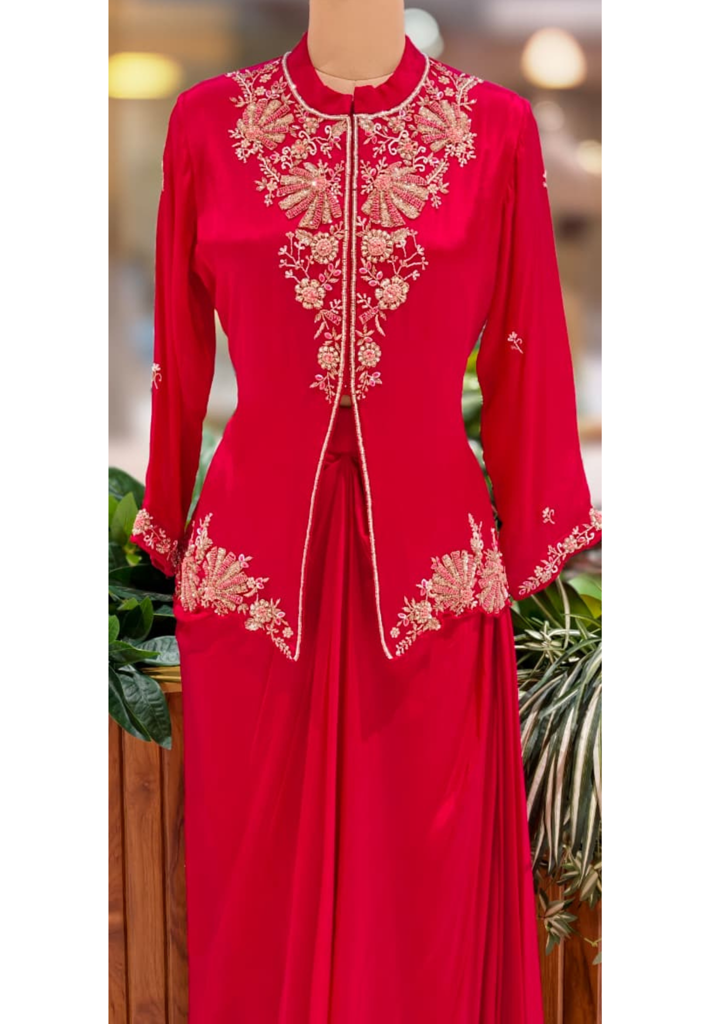 Ruby Blossom Hand-Embroidered Front Slitted Kurta With Drape Skirt Bottom In Chinon Fabric