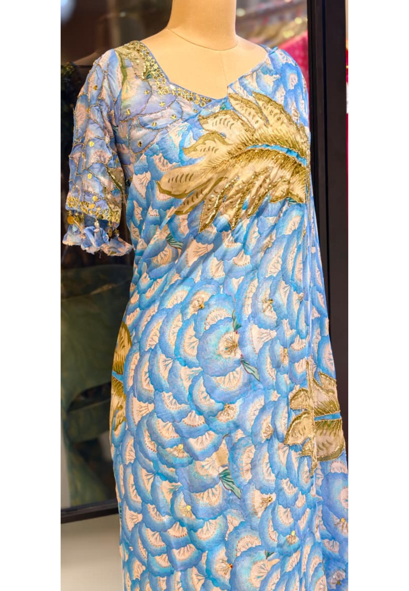 Aqua Vine Printed Designer Saree With Sequin & Cut-Dana Upwork & Stitched Blouse- 13341