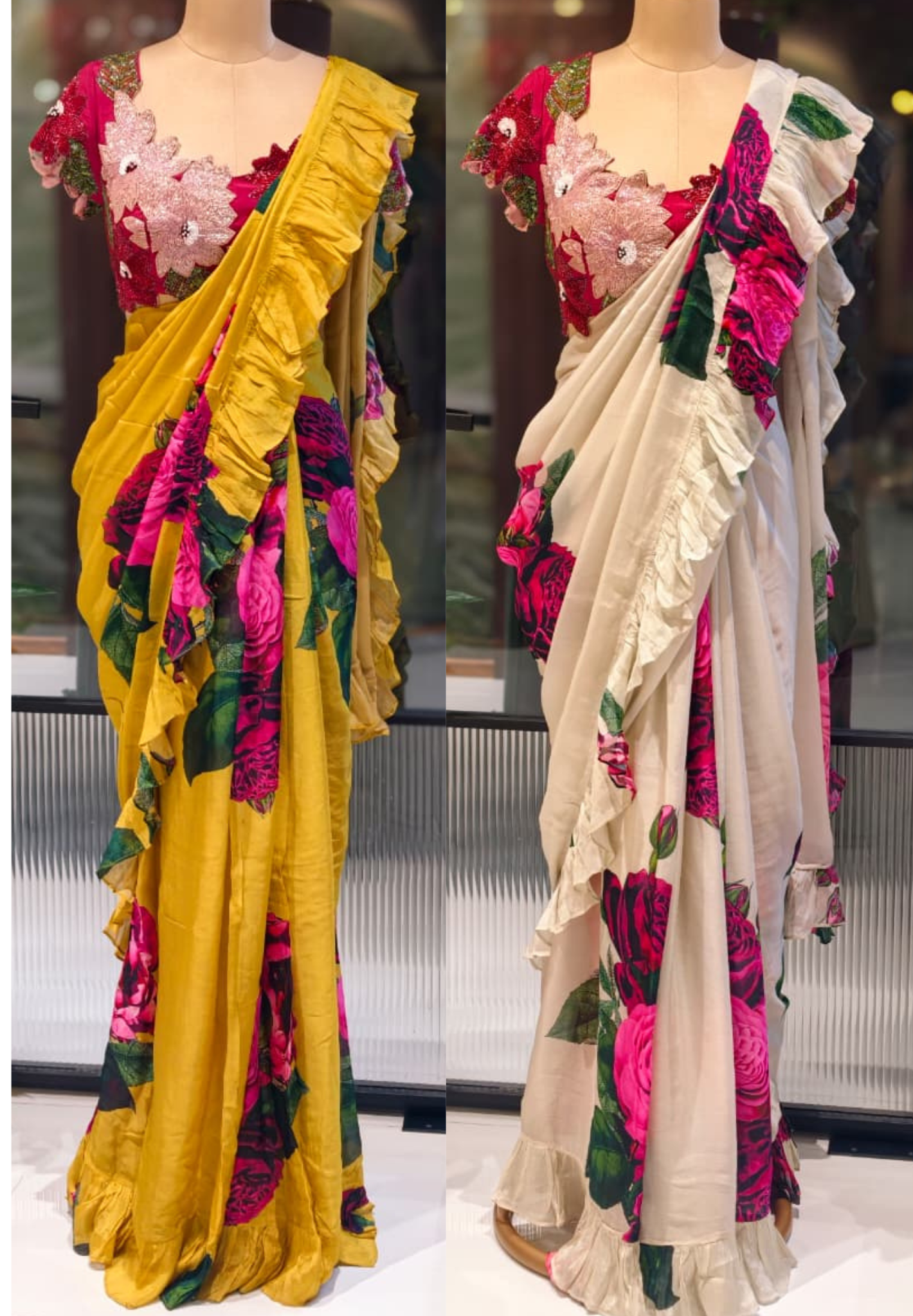 Carnival Inspired Floral Cut-Work Stitched Blouse With Digital Rose Printed Designer Ruffled Saree- 13332