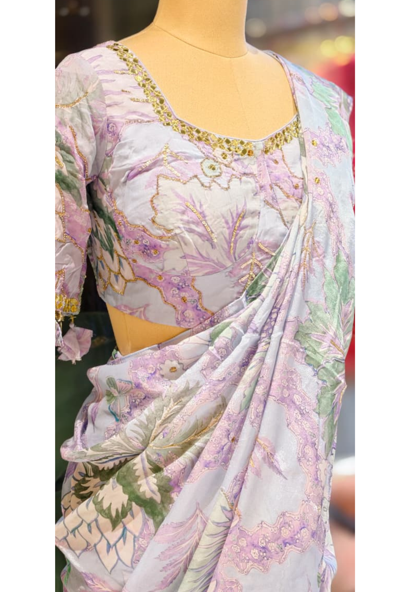 Pastel Floral Print With Delicate Embellishment Designer Saree With Stitched Blouse- 13340