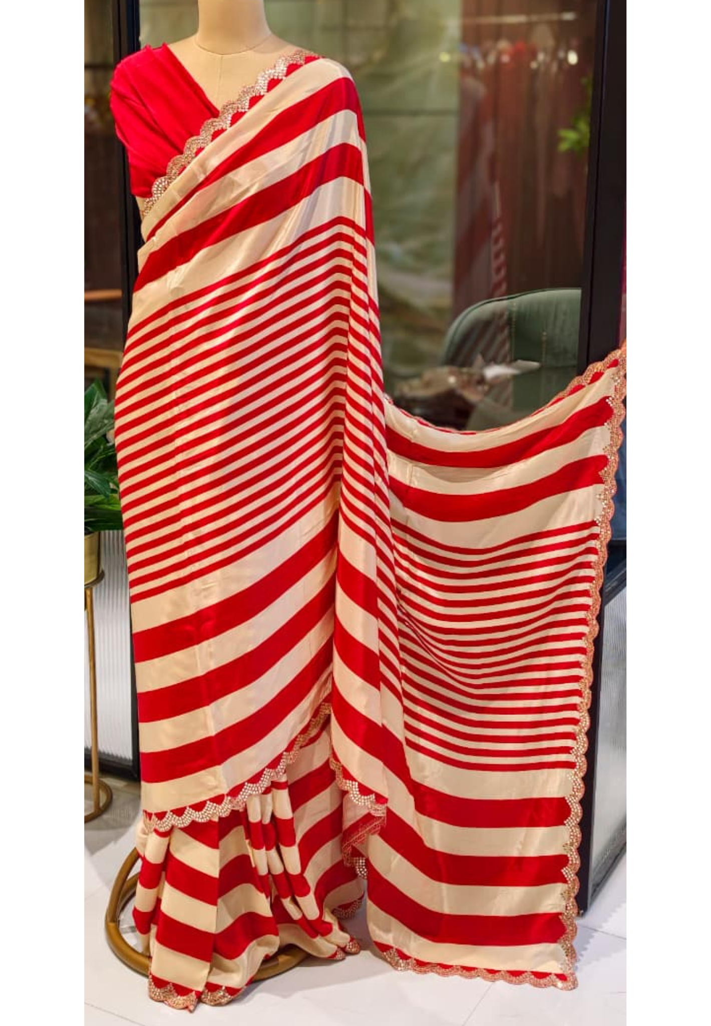 Ruby Stripe Elegance Scarlet Striped Designer Saree With Unstitched Blouse- 13344