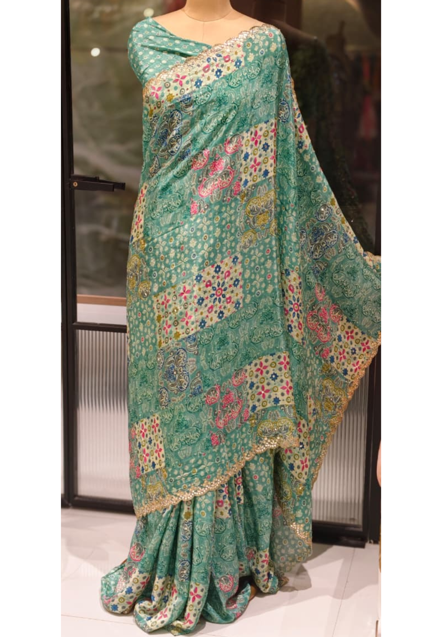 Dreamy Ethereal Aqua Multi Floral Printed Saree With Unstitched Blouse- 13343