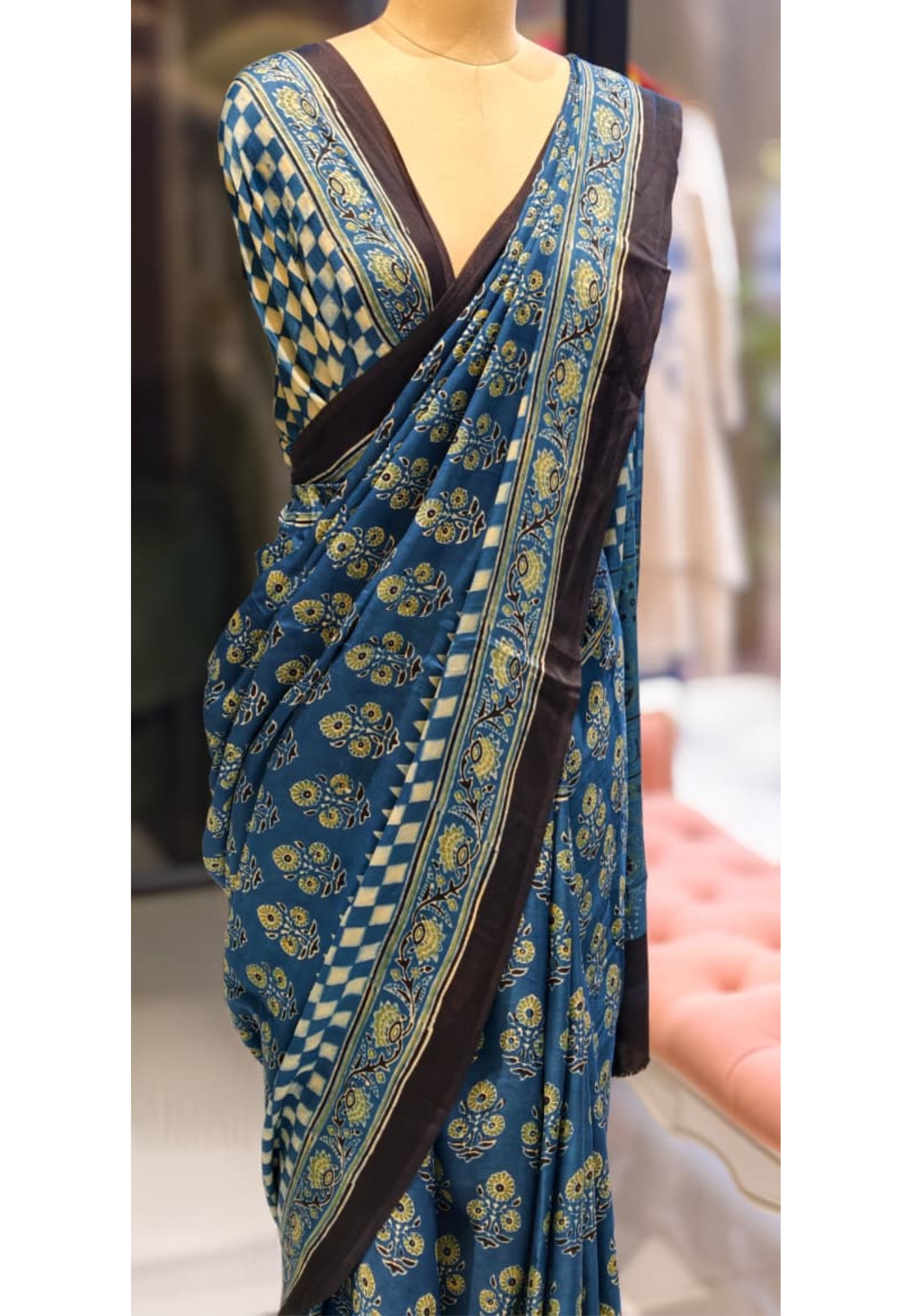 Handblock Traditional Printed Blue Elegance Saree With Unstitched Blouse- 13331