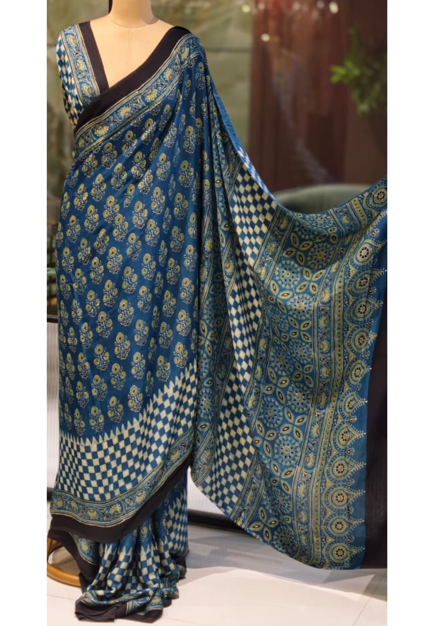 Handblock Traditional Printed Blue Elegance Saree With Unstitched Blouse- 13331