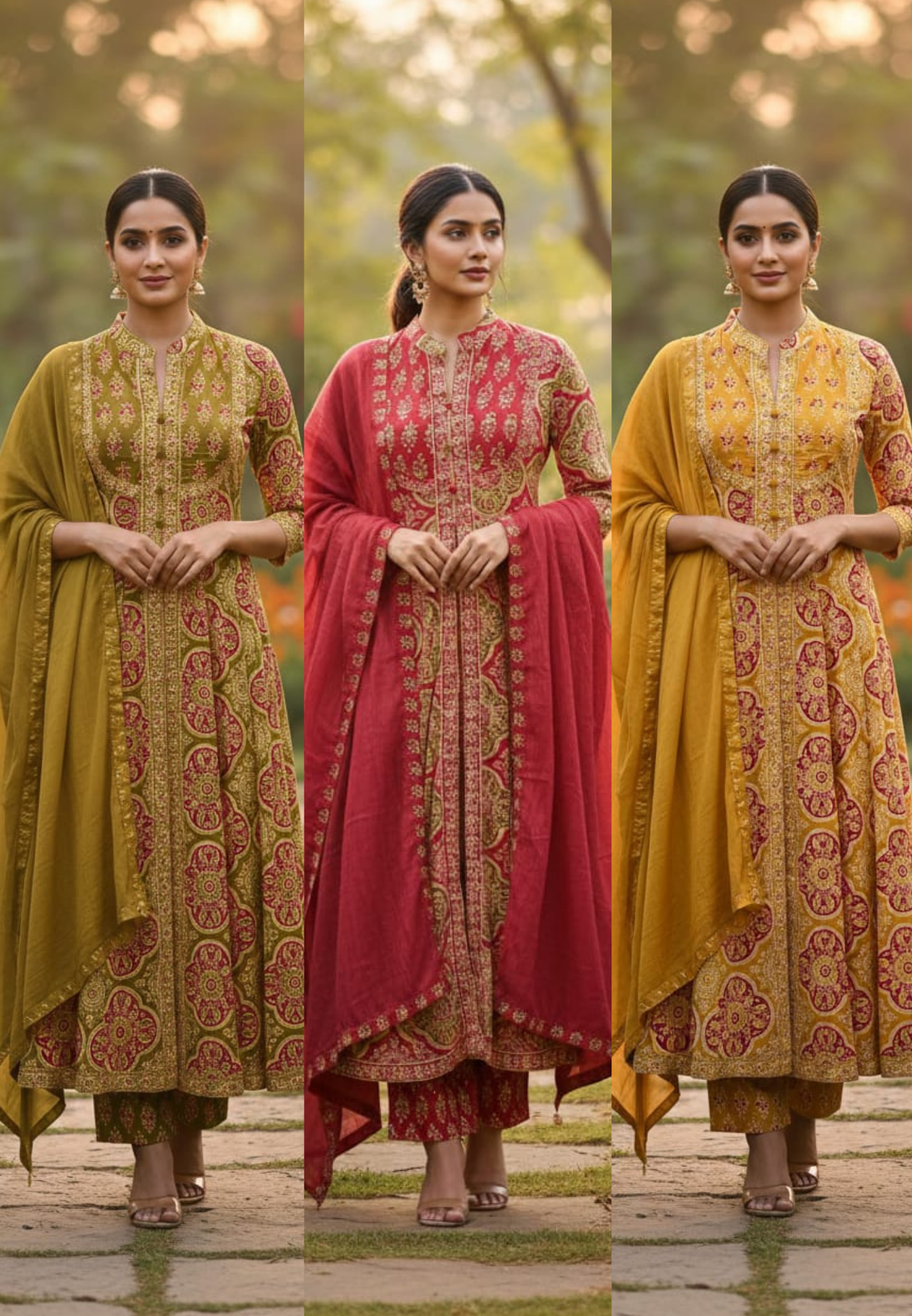 Traditional Printed Front Slitted Look Ethnic Anarkali Full Suit Set With Dupatta In Cotton Fabric-13315