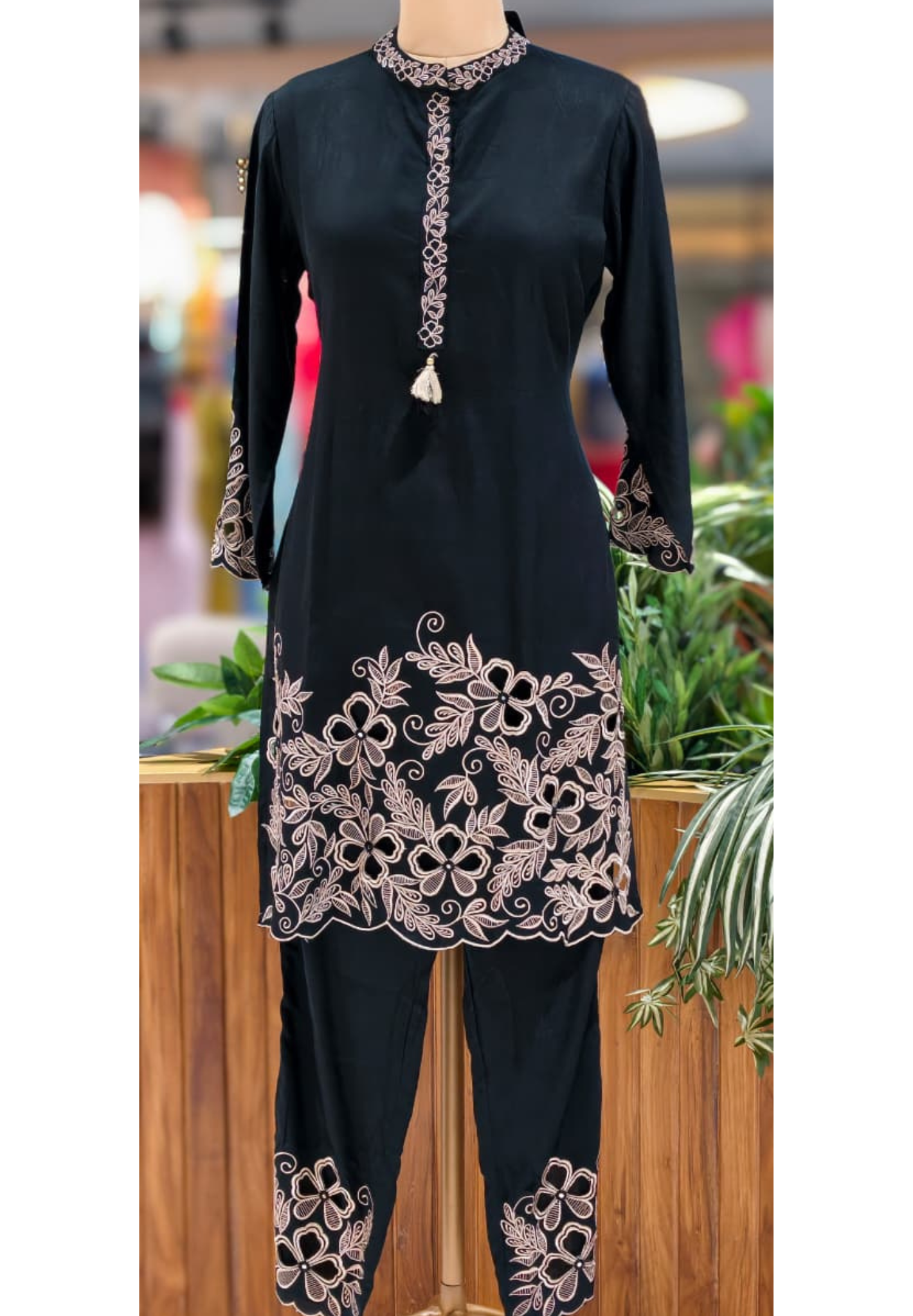 Pure Embroidery Work Solid Black Slub Cotton Co-Ord Set- 13278