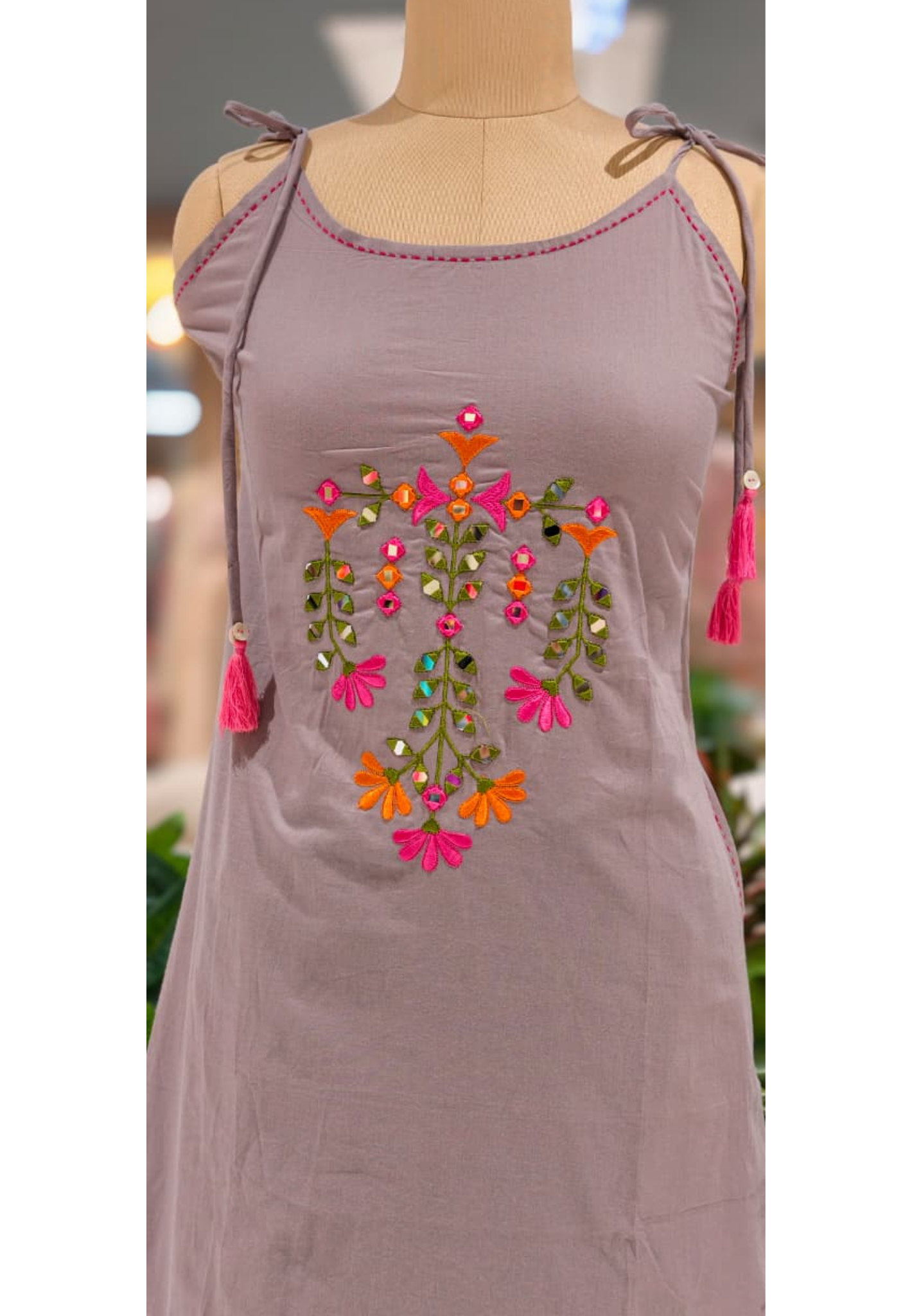 Real Mirror Thread Embroidered Upwork Handloom Sleeveless Solid Cotton Kurta Pant Set-13313