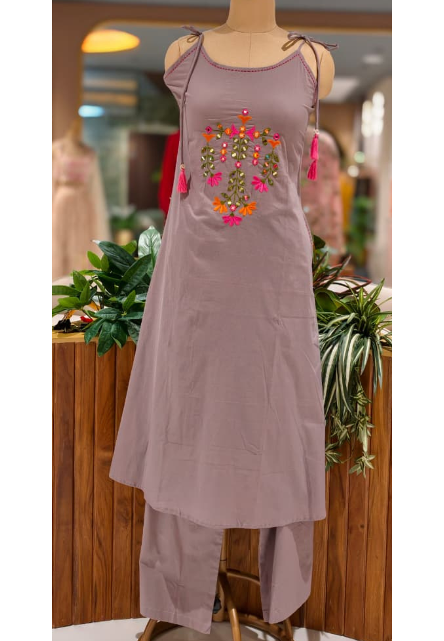 Real Mirror Thread Embroidered Upwork Handloom Sleeveless Solid Cotton Kurta Pant Set-13313