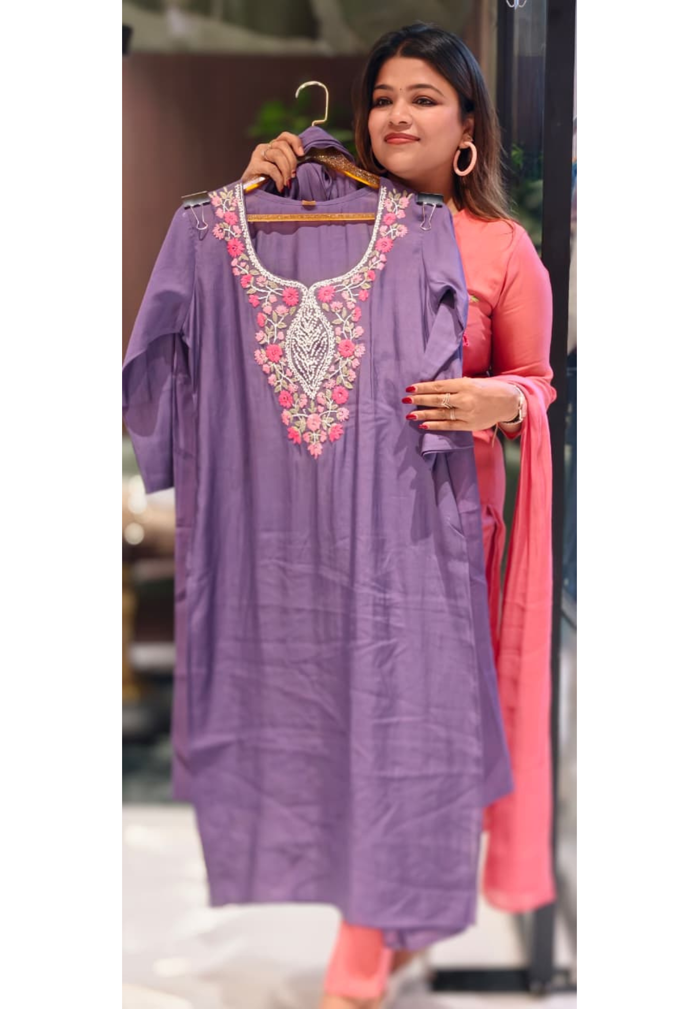 Purple Elegance Katha Embroidery Surat Mul Chanderi Full Suit Set With Dupatta- 13414