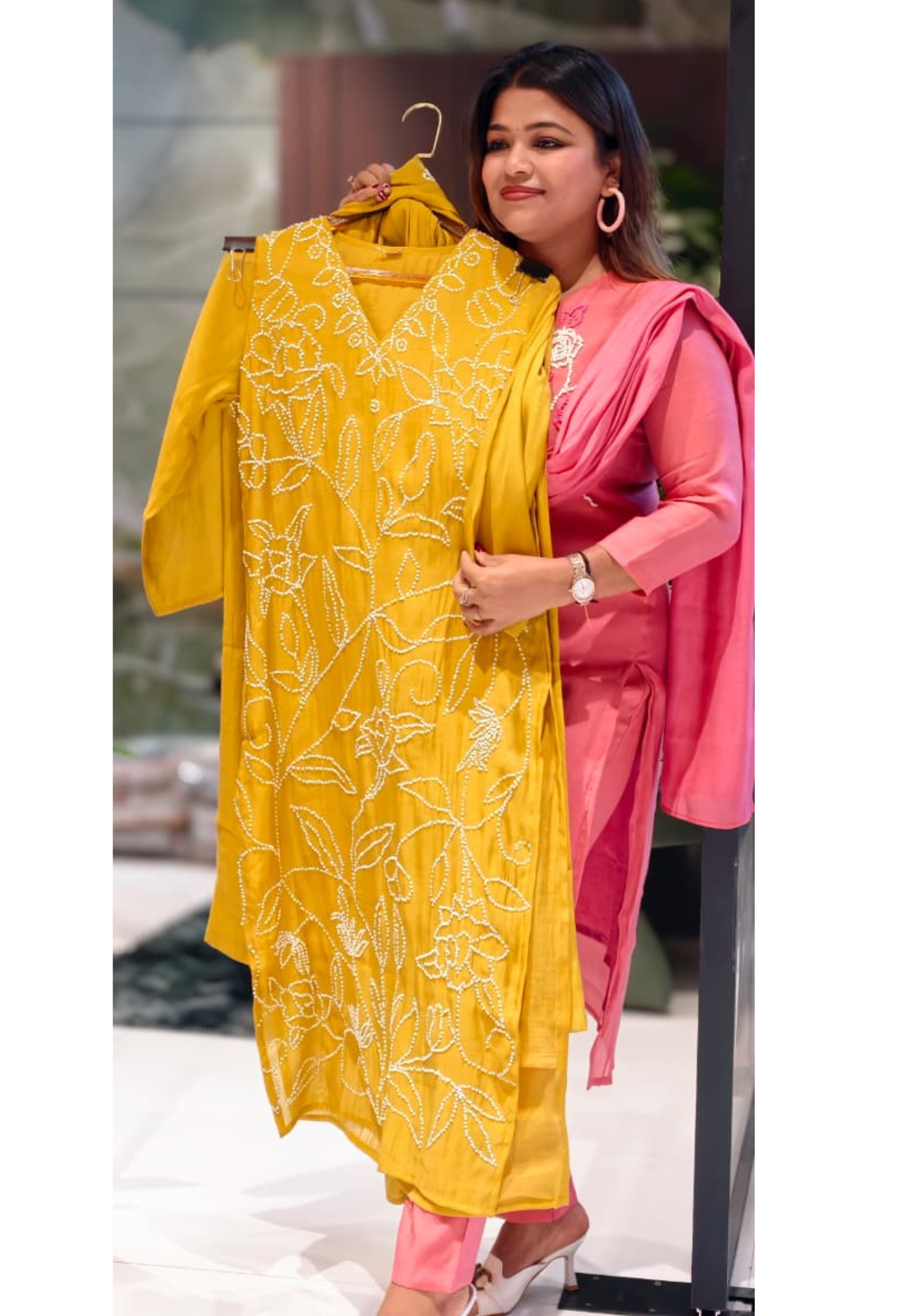 Mustard Elegance Complete Katha Work Surat Mul Chanderi Full Suit Set With Dupatta- 13418