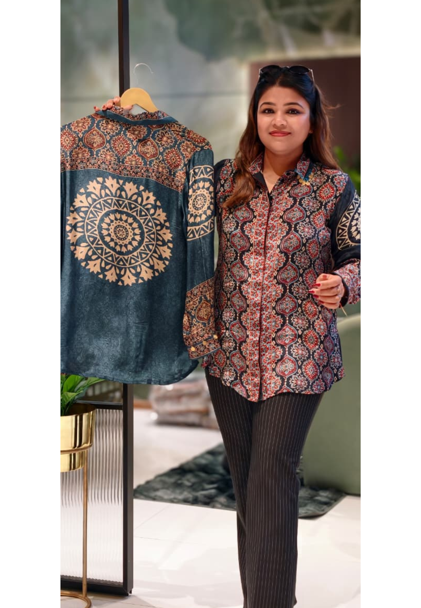 Ajrakh Solid Print Coin Tassel Collar Crepe Casual Shirt- 13425