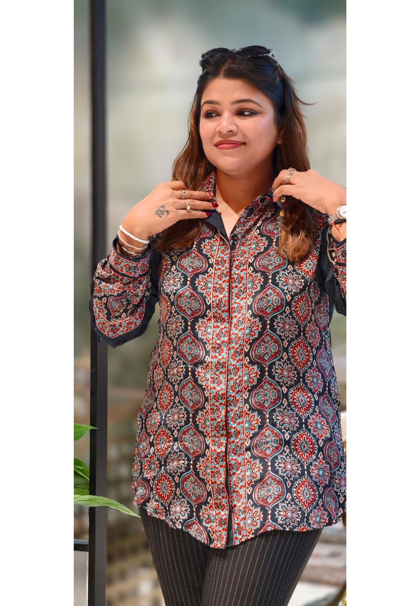 Ajrakh Solid Print Coin Tassel Collar Crepe Casual Shirt- 13425