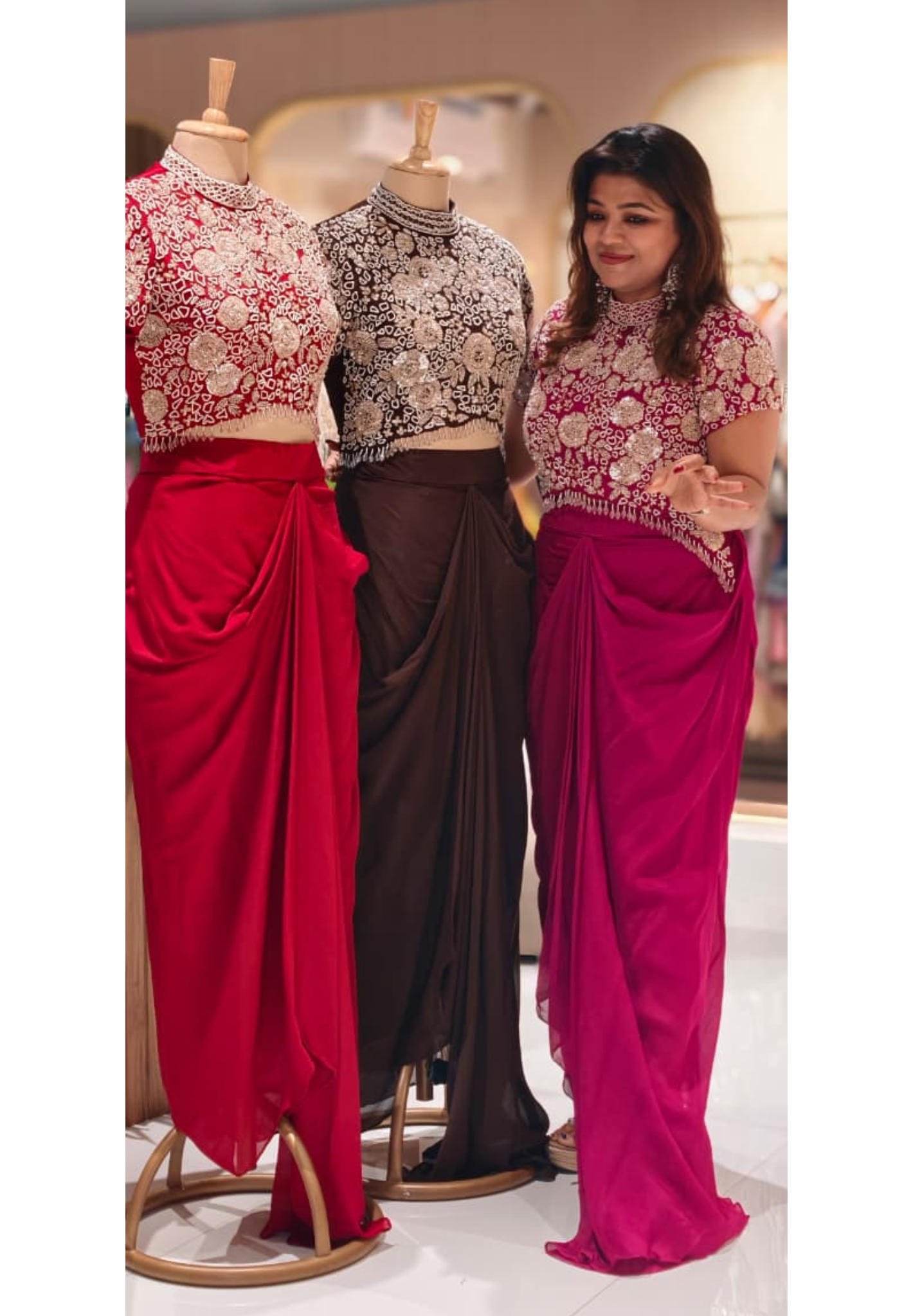 Very Stylish Pearl Sequin With Crystallex Work High-Low Block Upper With Flowy Drape Skirt- 13388