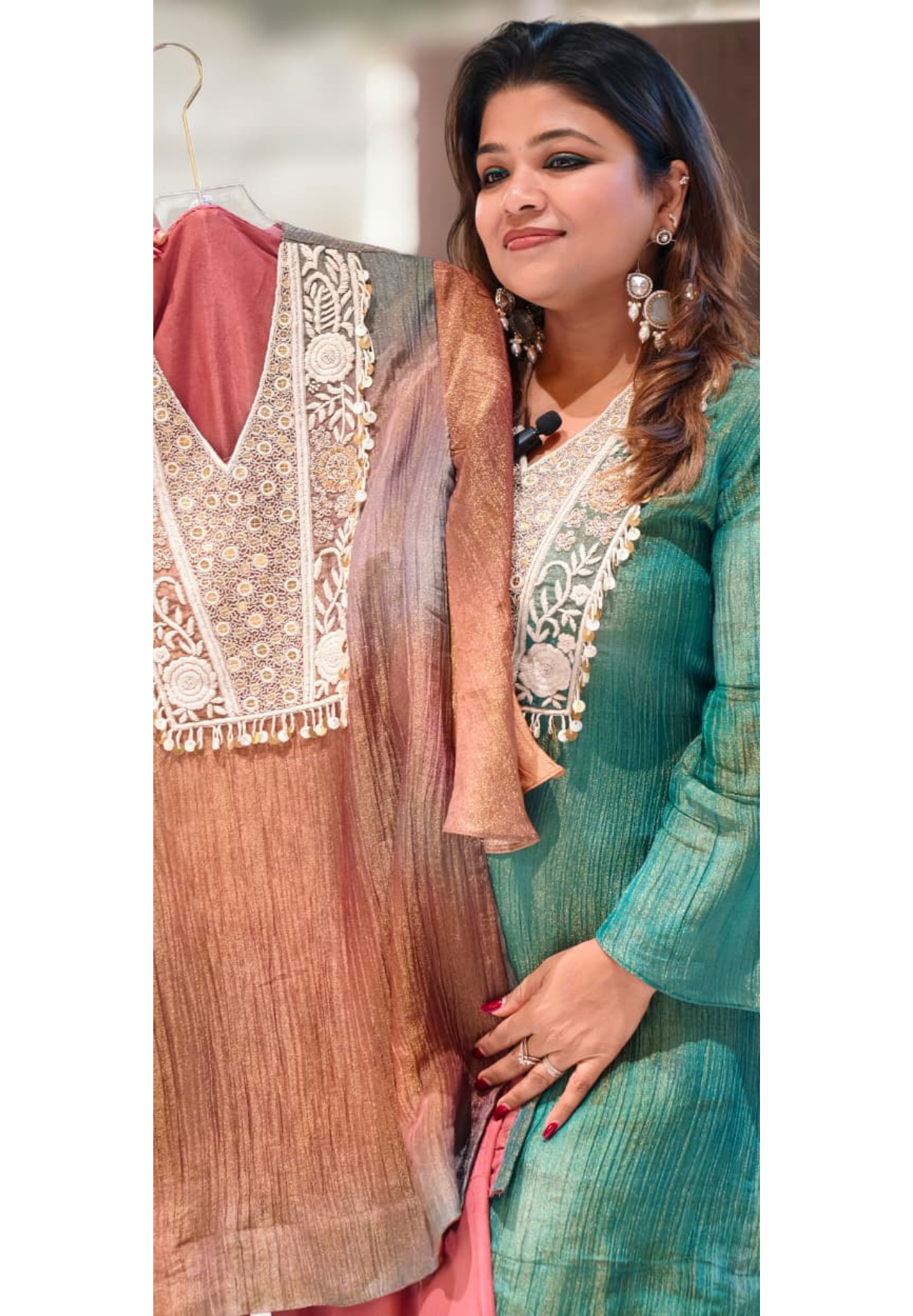 Dual Tone Shiny Premium Crush Tissue Embroidered Tasseled Yoke Matching Kurta Pant Set- 13386