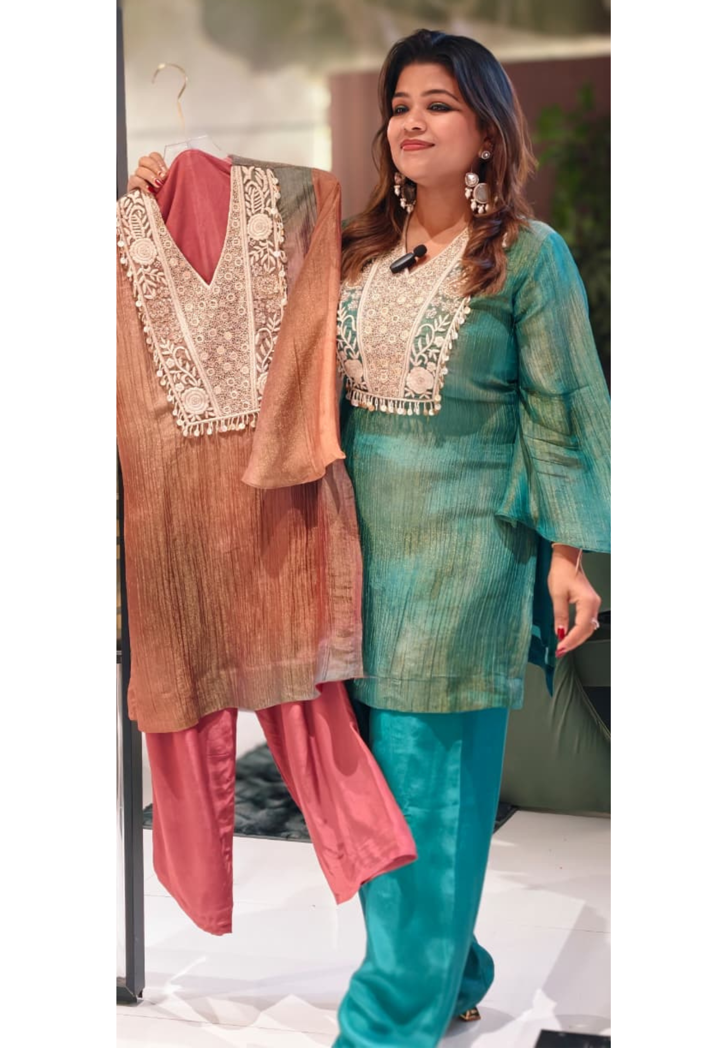 Dual Tone Shiny Premium Crush Tissue Embroidered Tasseled Yoke Matching Kurta Pant Set- 13386
