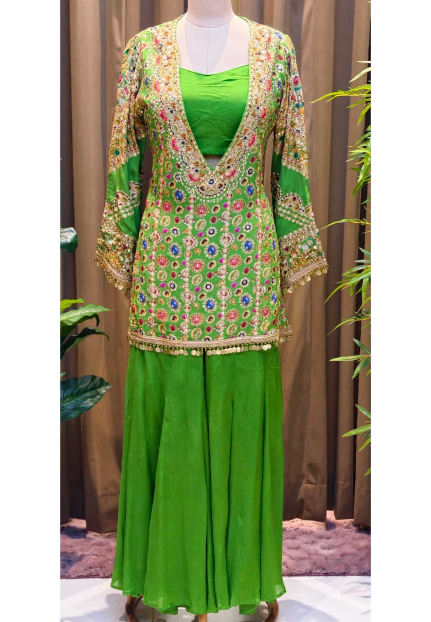 Rajasthani Elegance Multicolor Highlights Coin Tasseled Designer Outer With Buster & Flared Palazzo Bottom- 13325