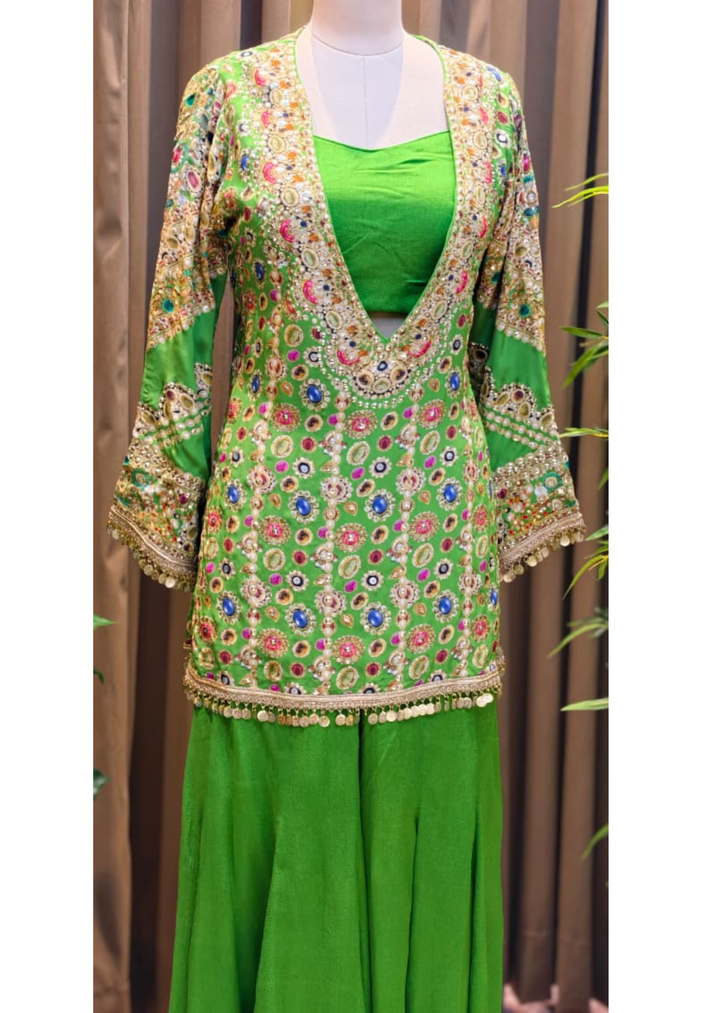 Rajasthani Elegance Multicolor Highlights Coin Tasseled Designer Outer With Buster & Flared Palazzo Bottom- 13325