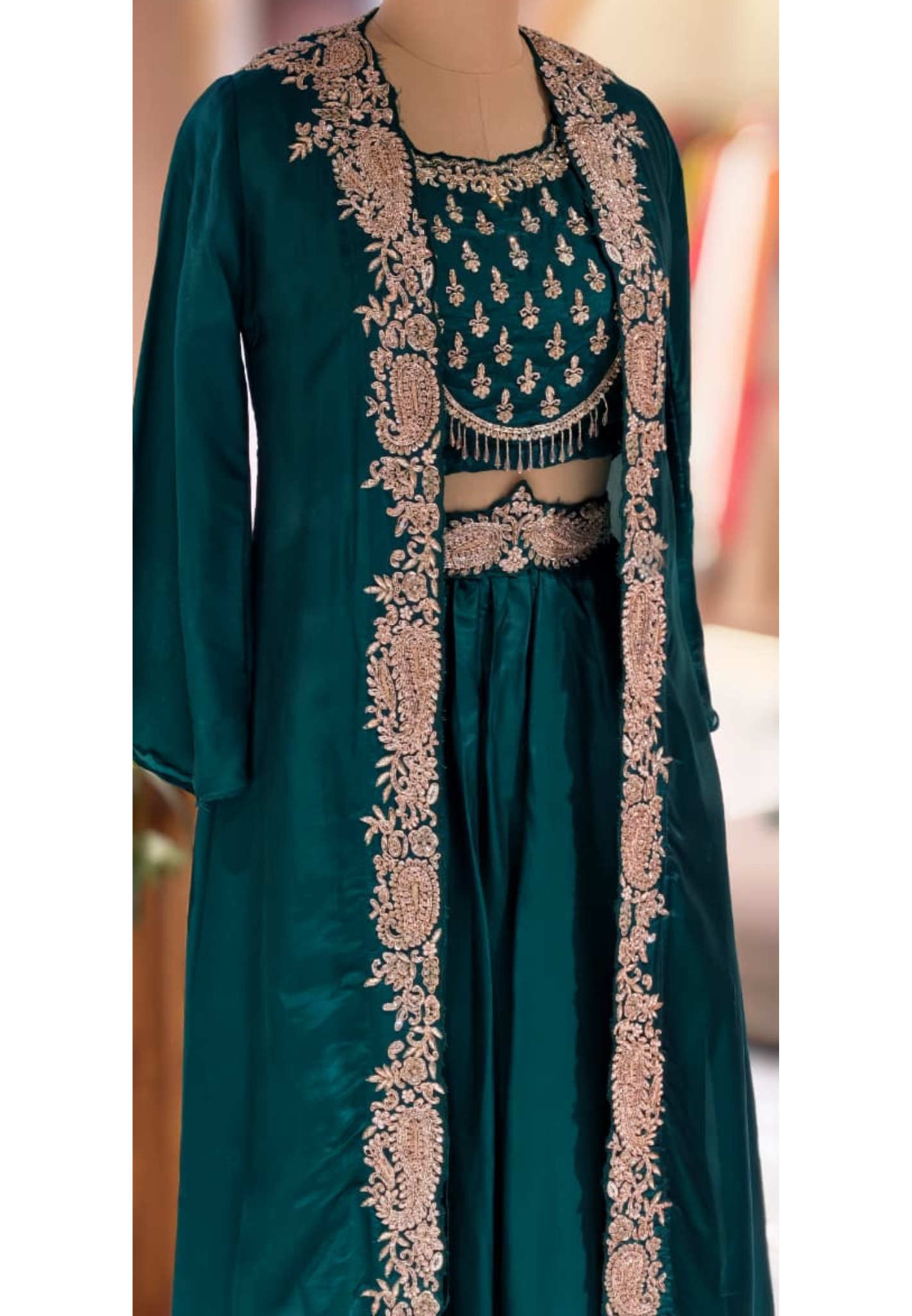 Very Festive Hand Embellished Heavy Work Buster With Shrug & Flowy Drape Skirt- 13383